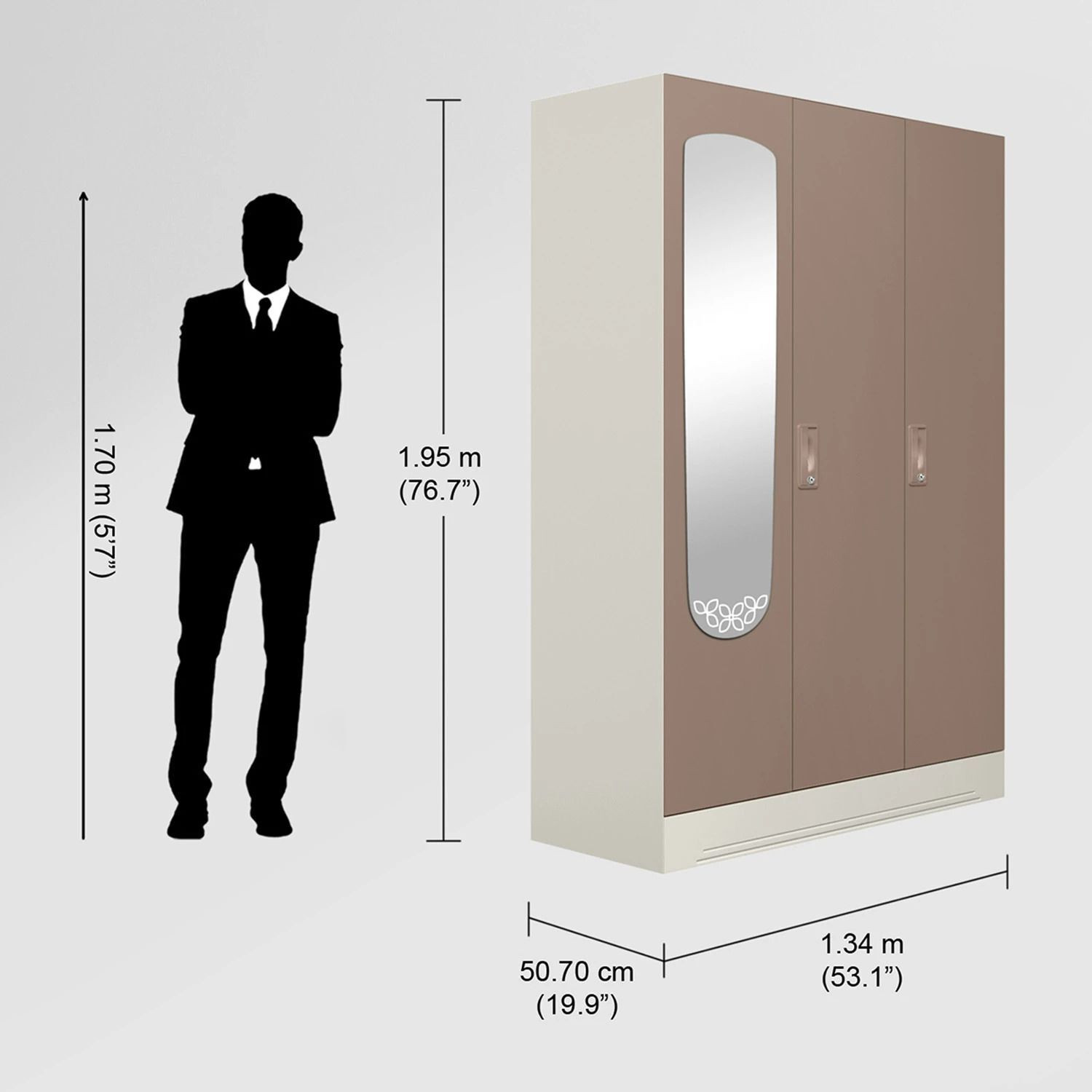 Image of Interio by Godrej Slimline 3 Door Alpine White with Locker and Leaf Design Mirror Metal Almirah (Finish Color - Portabella Matte, Knock Down)