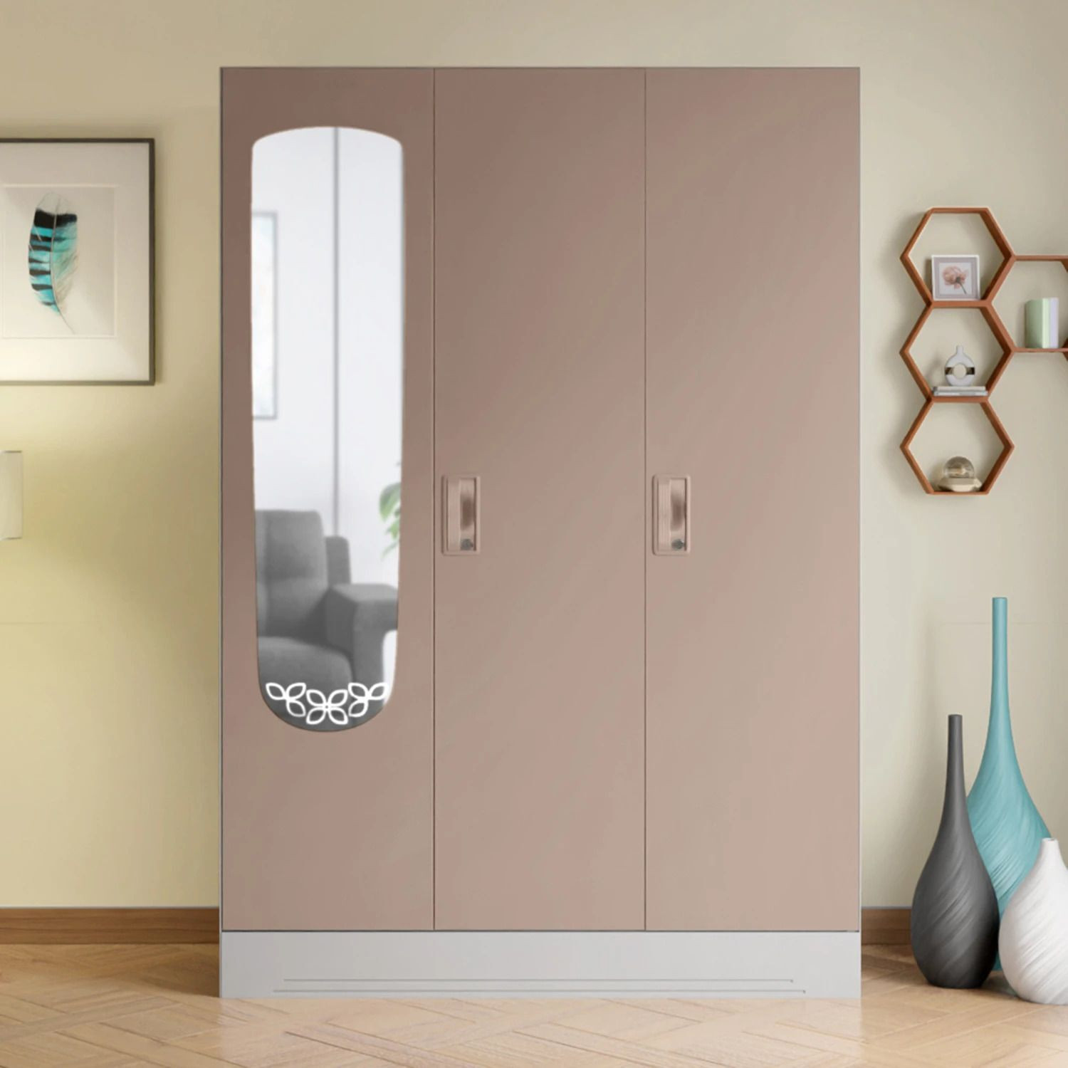 Image of Interio by Godrej Slimline 3 Door Alpine White with Locker and Leaf Design Mirror Metal Almirah (Finish Color - Portabella Matte, Knock Down)