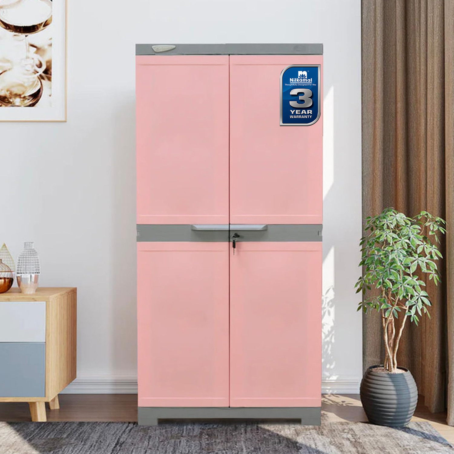 Image of DiamondF 2 Door Wooden Storage Cabinet 6 shelves with Lock | Multipurpose White Almirah Engineered Wood Almirah (Finish Color - Cream, Pre-assembled)