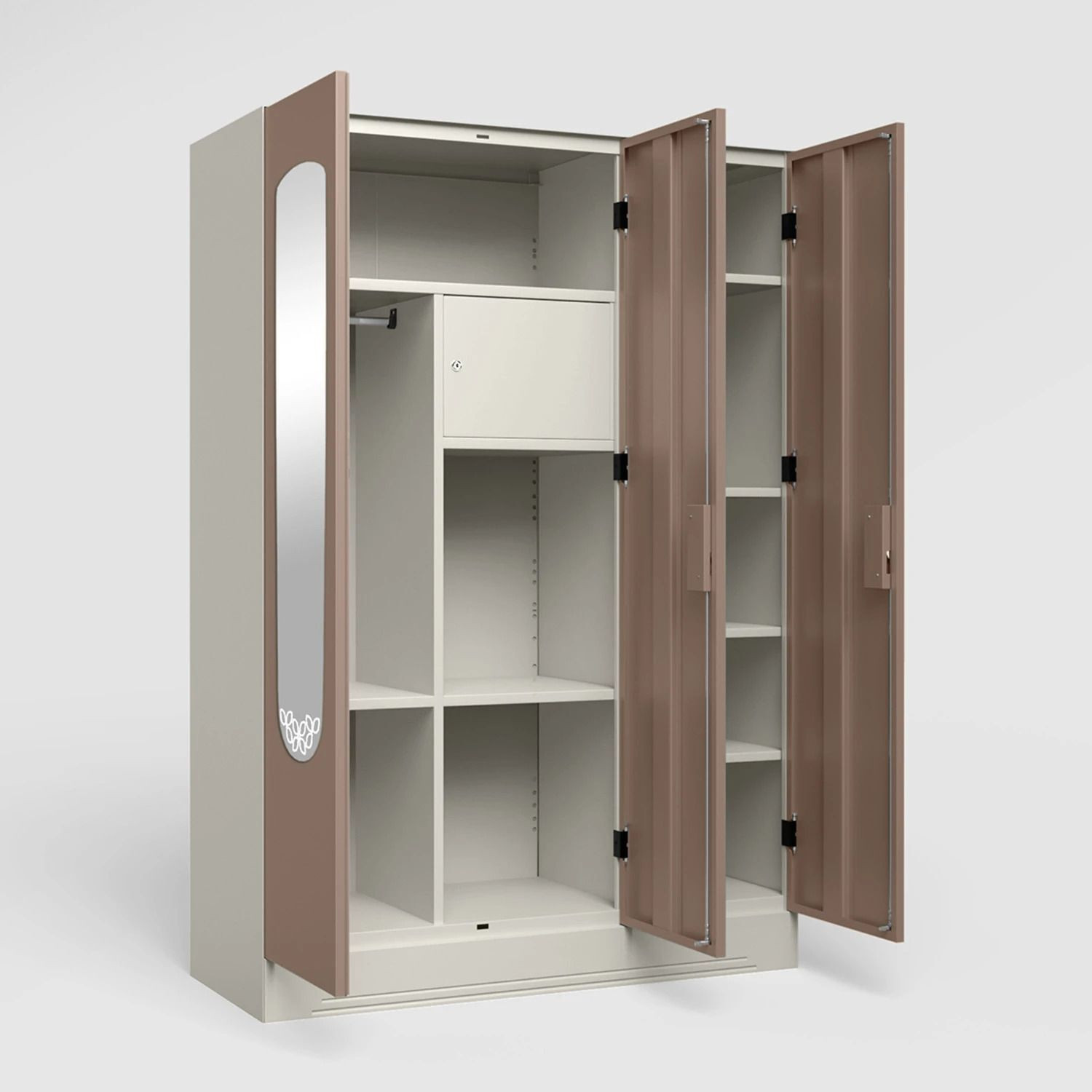 Image of Interio by Godrej Slimline 3 Door Alpine White with Locker and Leaf Design Mirror Metal Almirah (Finish Color - Portabella Matte, Knock Down)