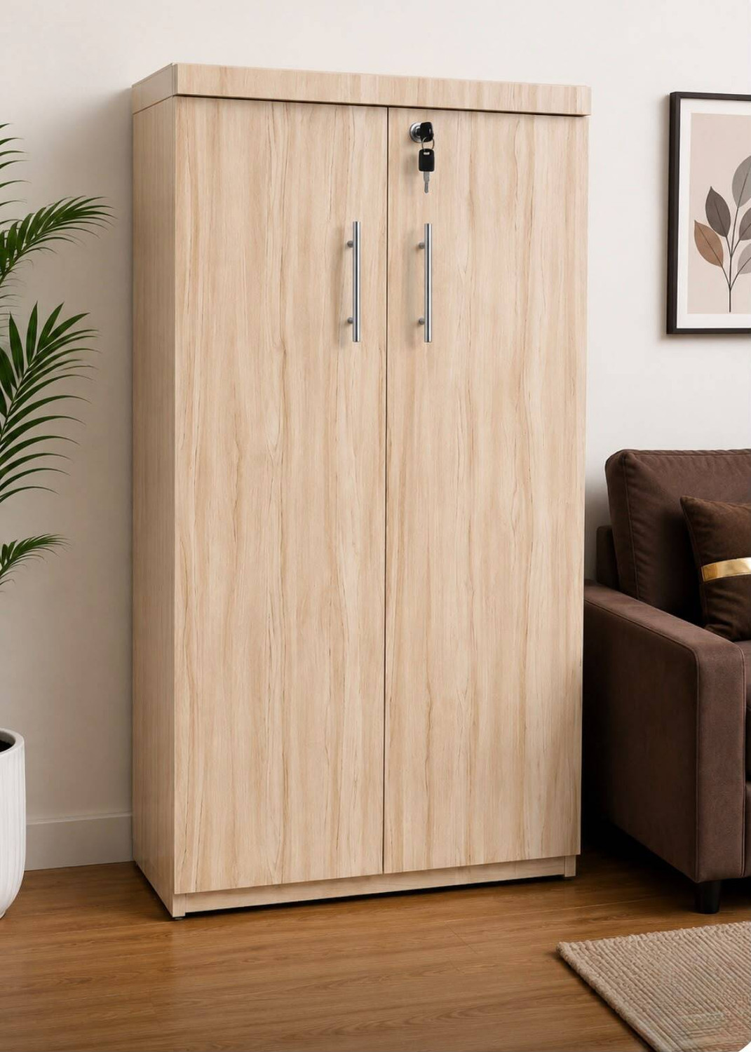 Image of DiamondF 2 Door Wooden Storage Cabinet 6 shelves with Lock | Multipurpose White Almirah Engineered Wood Almirah (Finish Color - Cream, Pre-assembled)