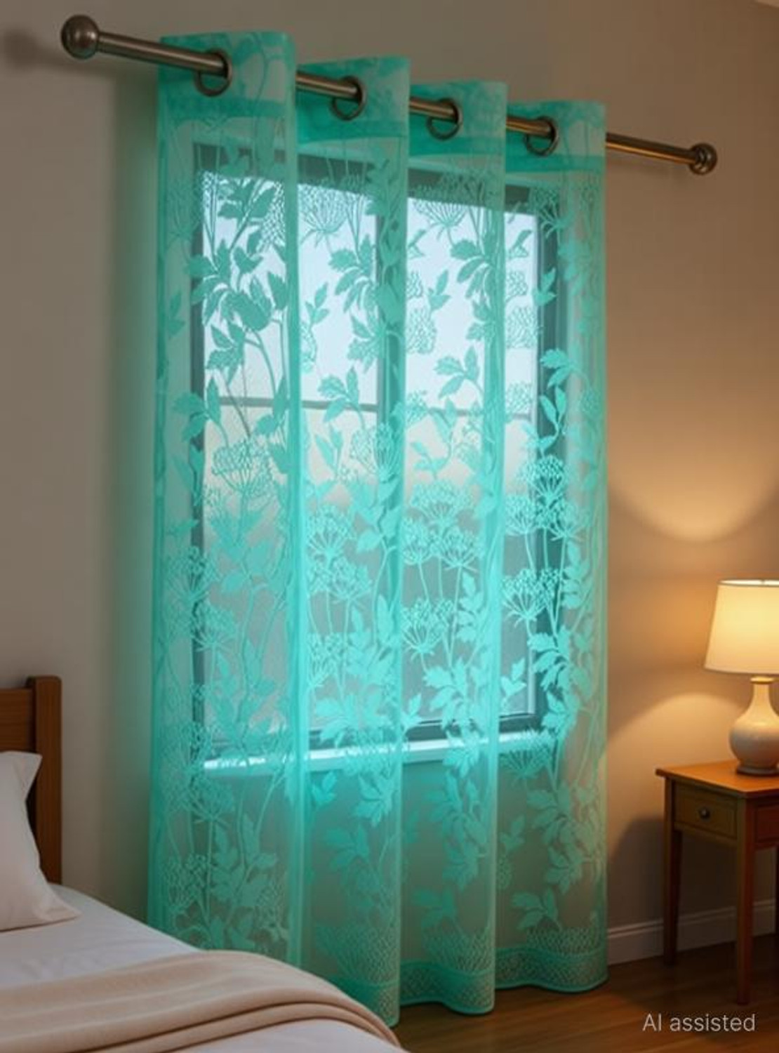 Image of Rashee Creations 153 cm (5 ft) Window Net Transparent Curtain (Pack Of 2) (Aqua, Floral)