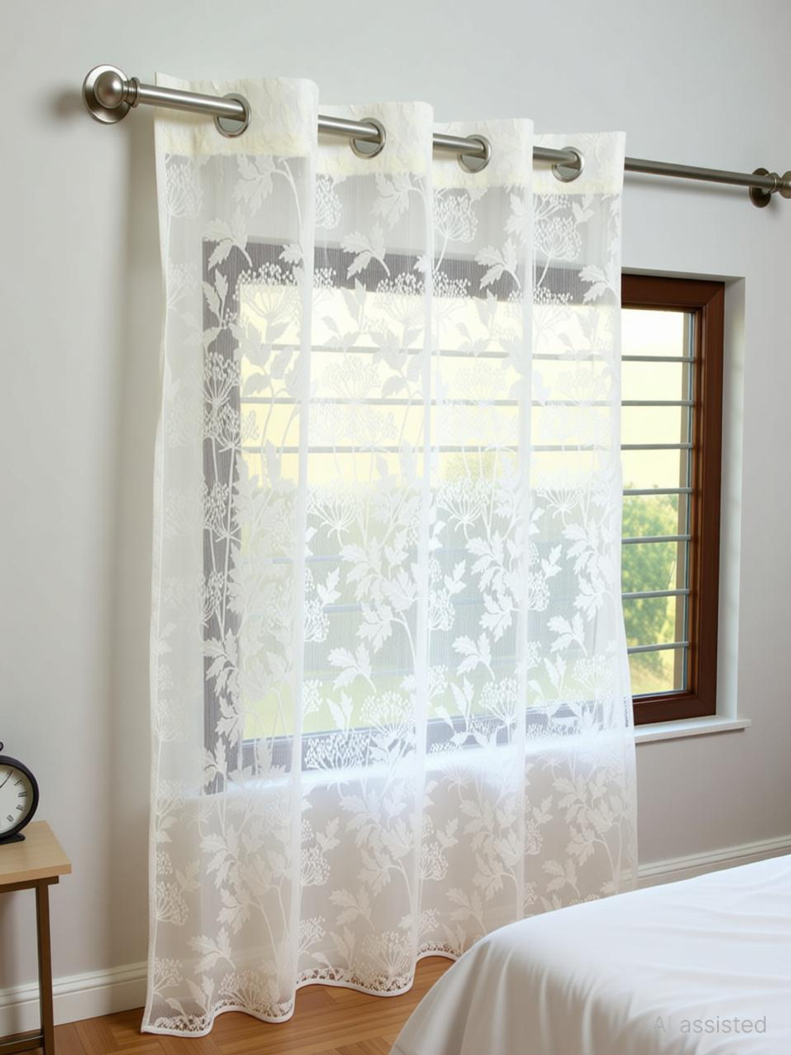 Image of Rashee Creations 153 cm (5 ft) Window Net Transparent Curtain (Pack Of 2) (Aqua, Floral)
