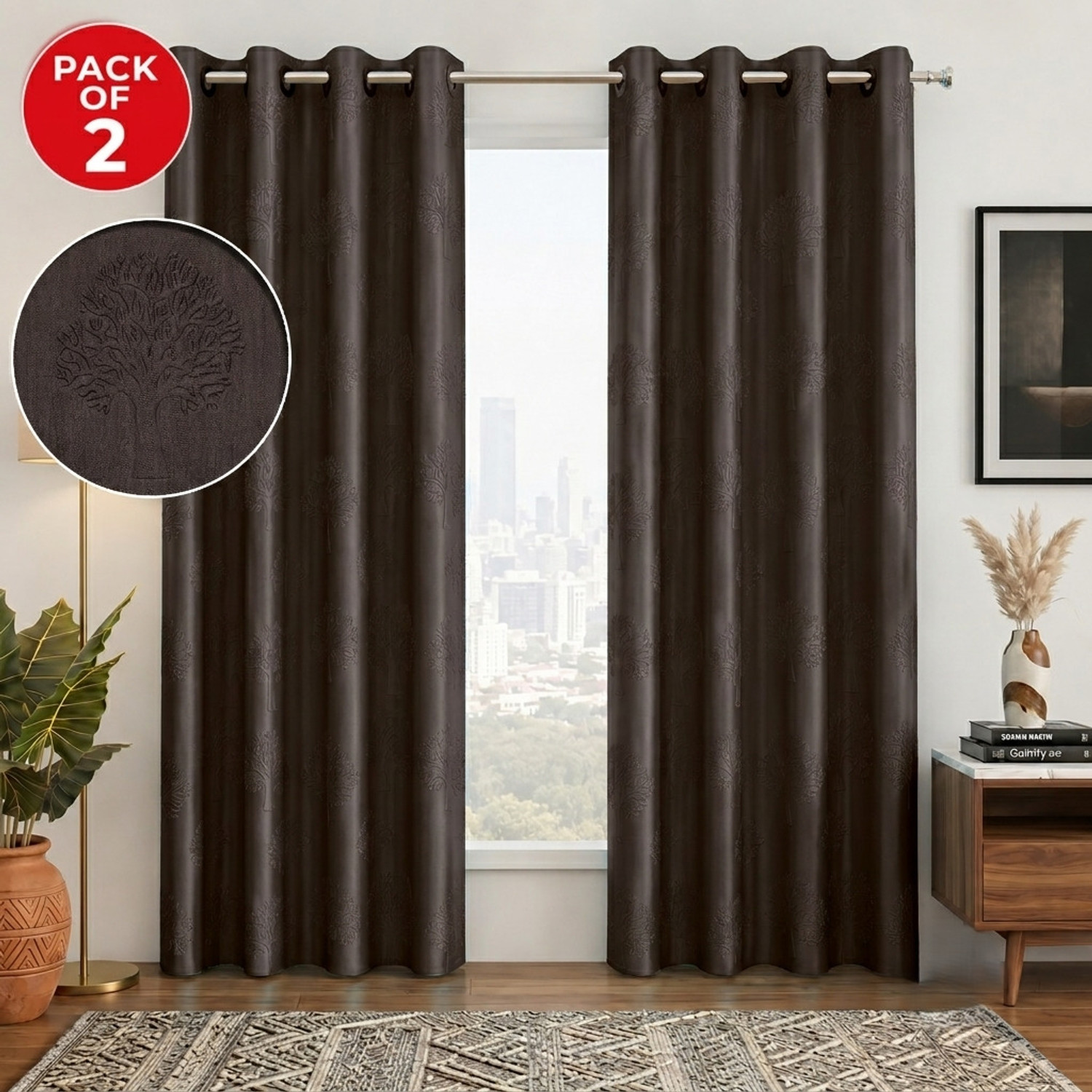 Image of Home Sizzler 244 cm (8 ft) Long Door Polyester Semi Transparent Curtain Single Curtain (Brown, Geometric)