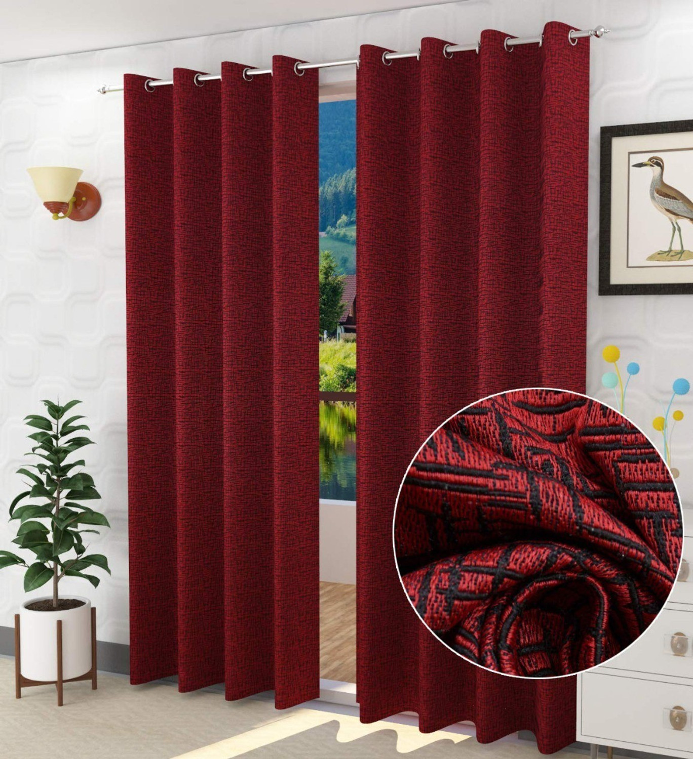 Image of GCPL 153 cm (5 ft) Window Cotton Blackout Curtain (Pack Of 2) (Maroon, Self Design)