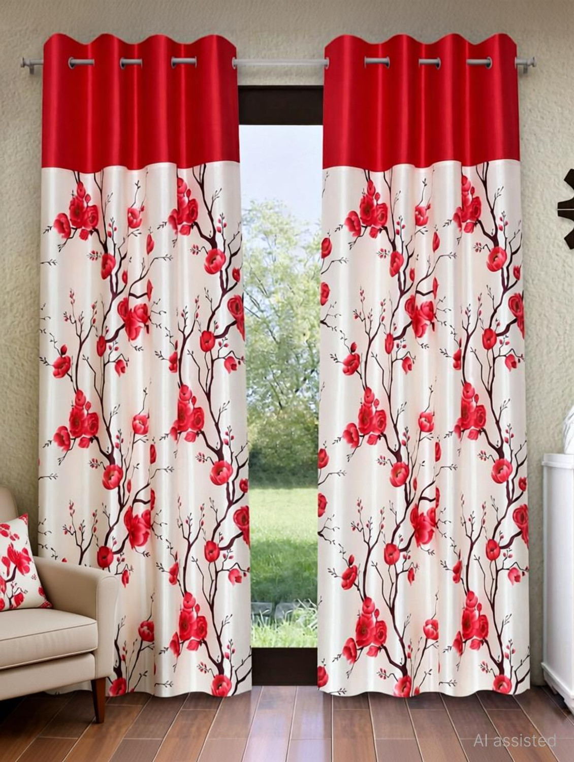 Image of GCPL 153 cm (5 ft) Window Cotton Blackout Curtain (Pack Of 2) (Maroon, Self Design)