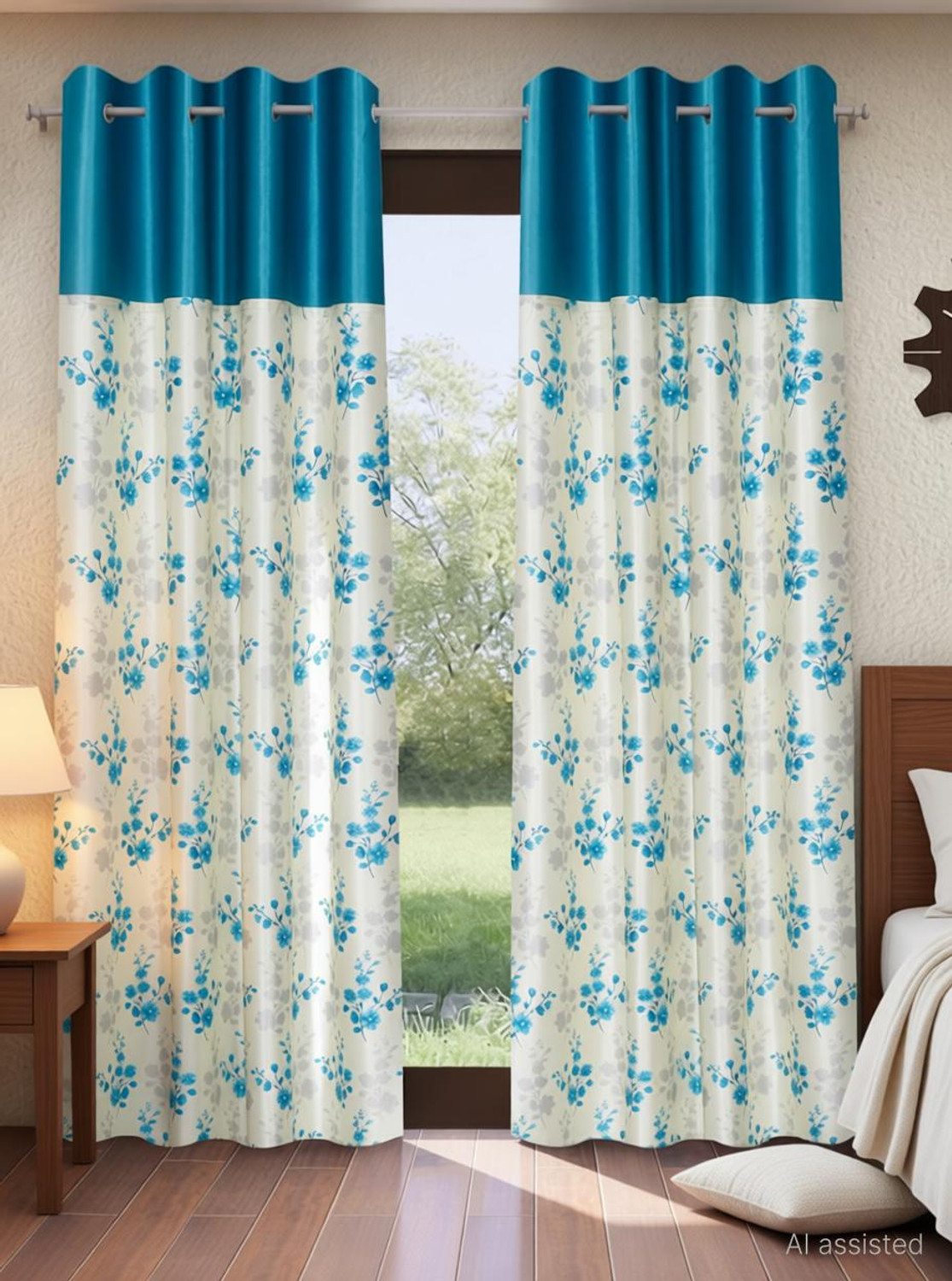 Image of Home Sizzler 153 cm (5 ft) Window Polyester Semi Transparent Curtain (Pack Of 4) (Blue, Printed)