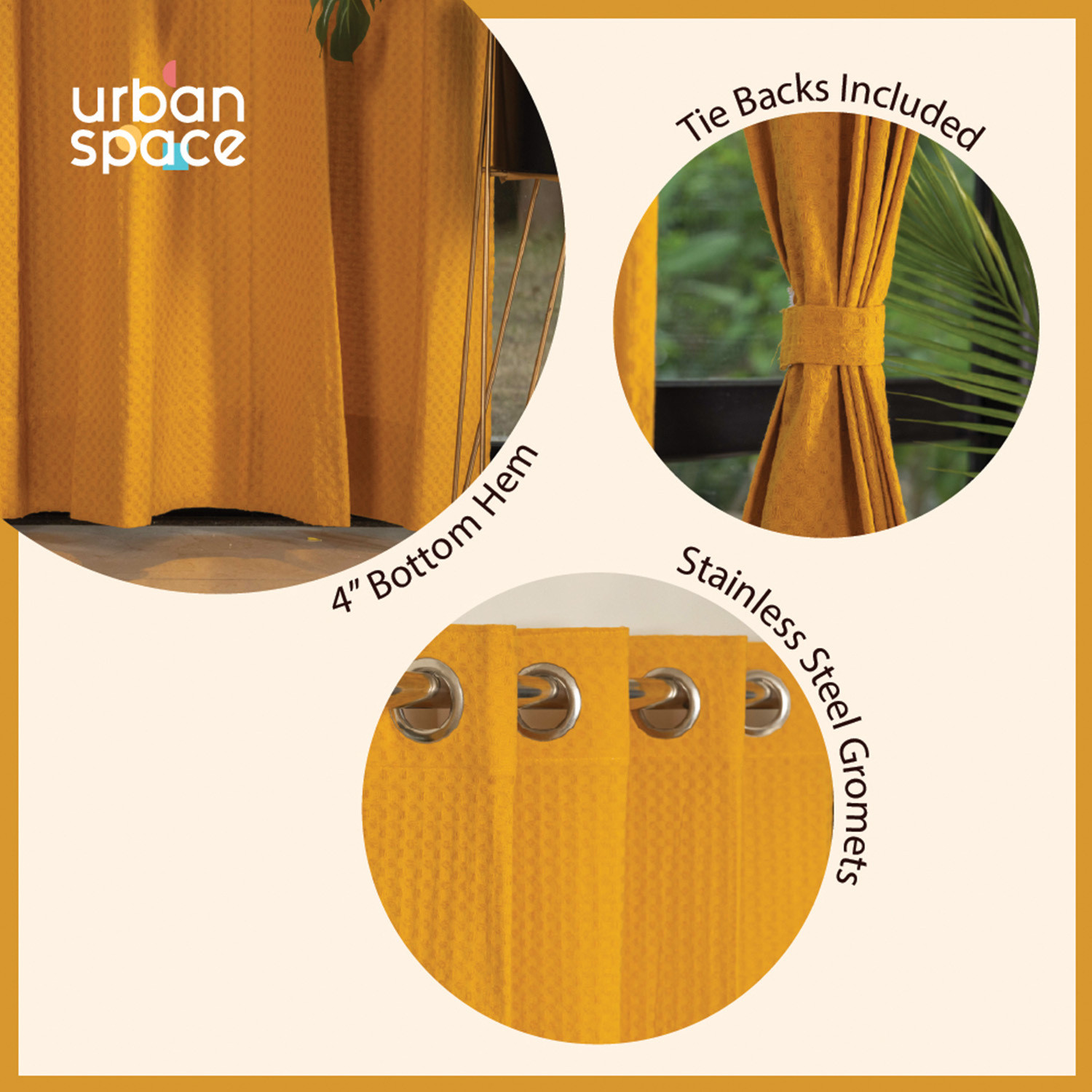 Image of Urban Space 213 cm (7 ft) Door Cotton Room Darkening Curtain (Pack Of 2) (Mustard, Solid)