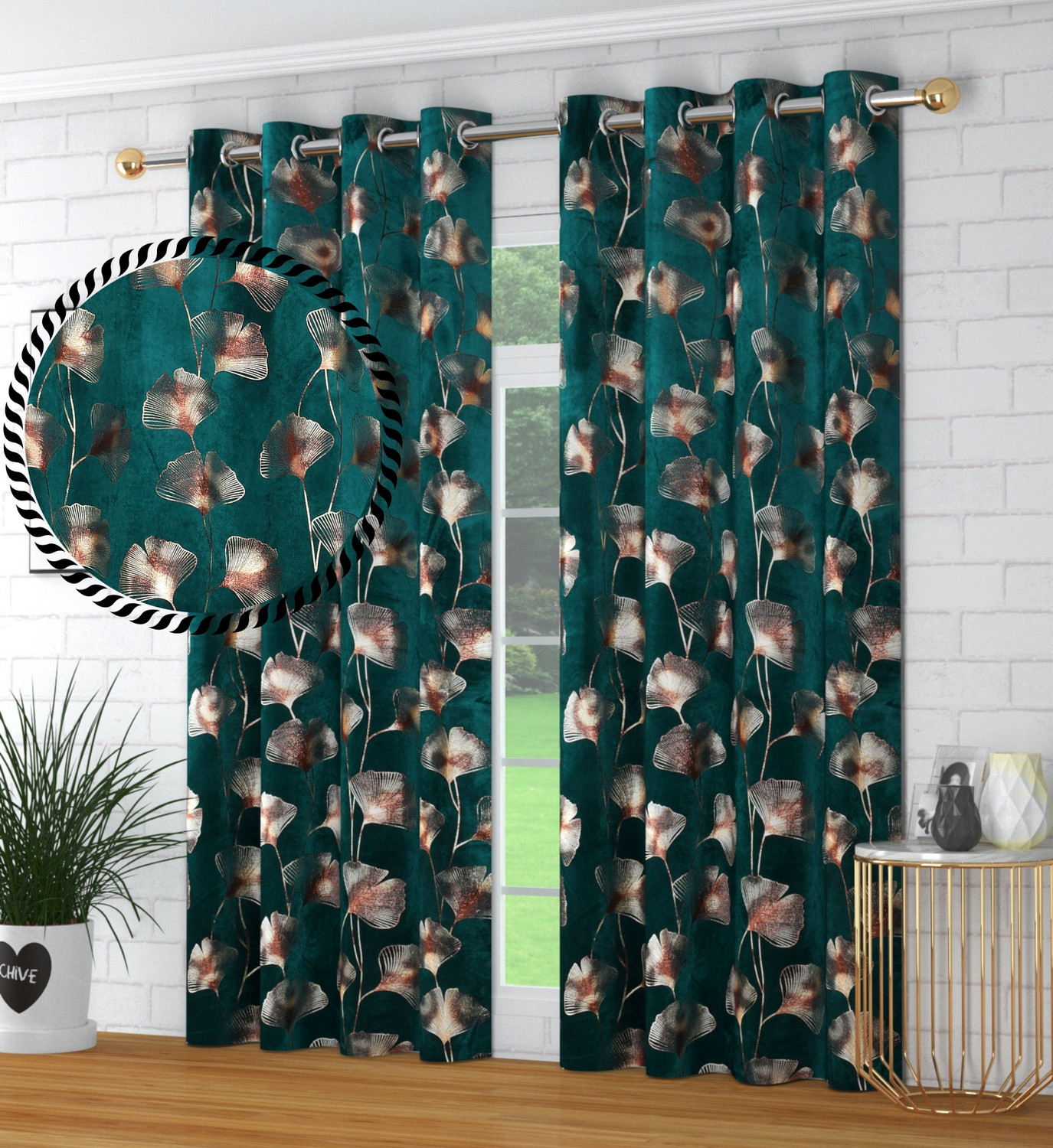 Image of VELOURA 152.4 cm (5 ft) Window Velvet Room Darkening Curtain (Pack Of 2) (Island Aqua, Printed)