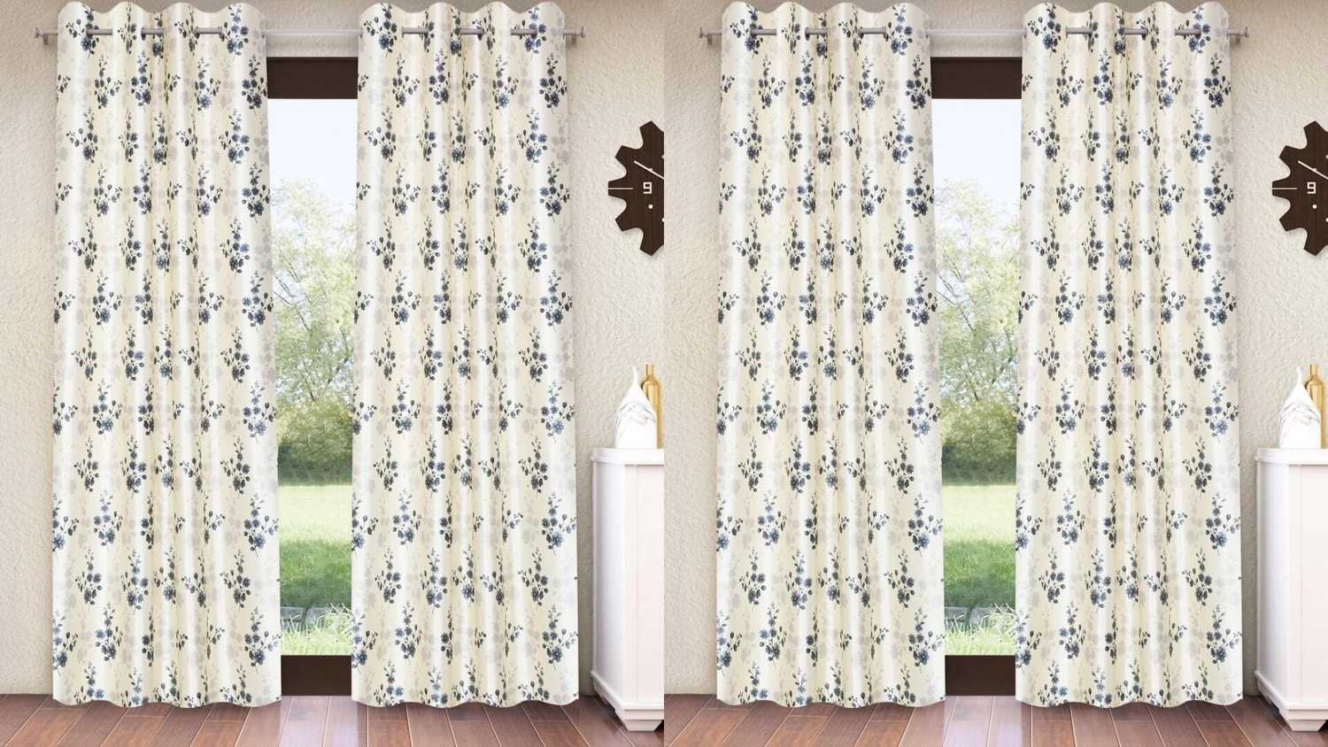 Image of Home Sizzler 153 cm (5 ft) Window Polyester Semi Transparent Curtain (Pack Of 4) (Blue, Printed)