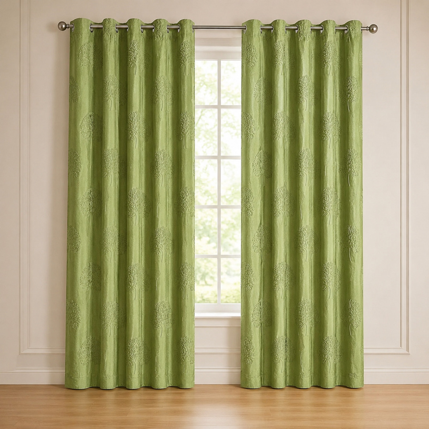 Image of Kraftiq Homes 214 cm (7 ft) Door Polyester Semi Transparent Curtain Single Curtain (Green, Floral)