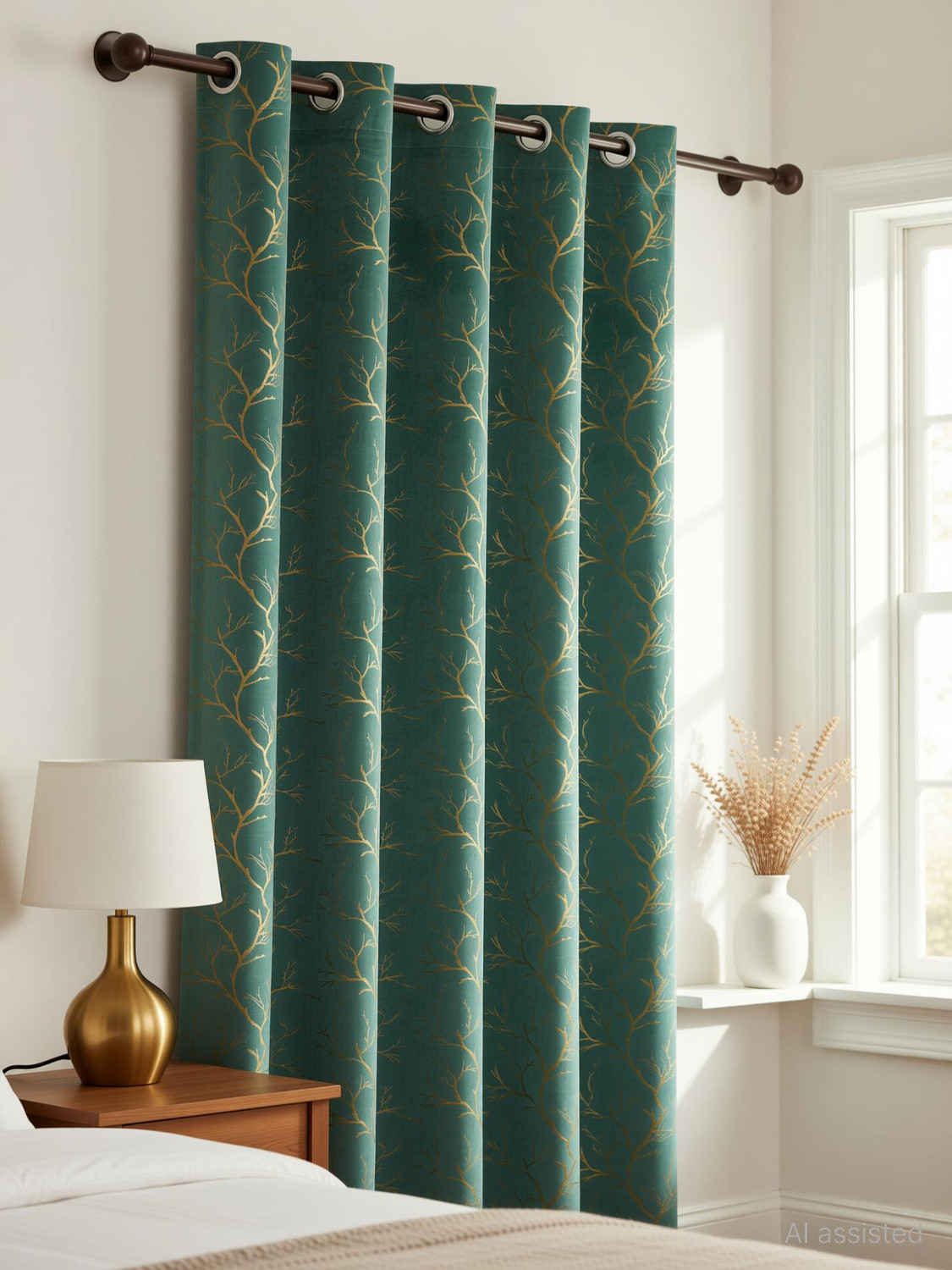 Image of VELOURA 152.4 cm (5 ft) Window Velvet Room Darkening Curtain (Pack Of 2) (Island Aqua, Printed)