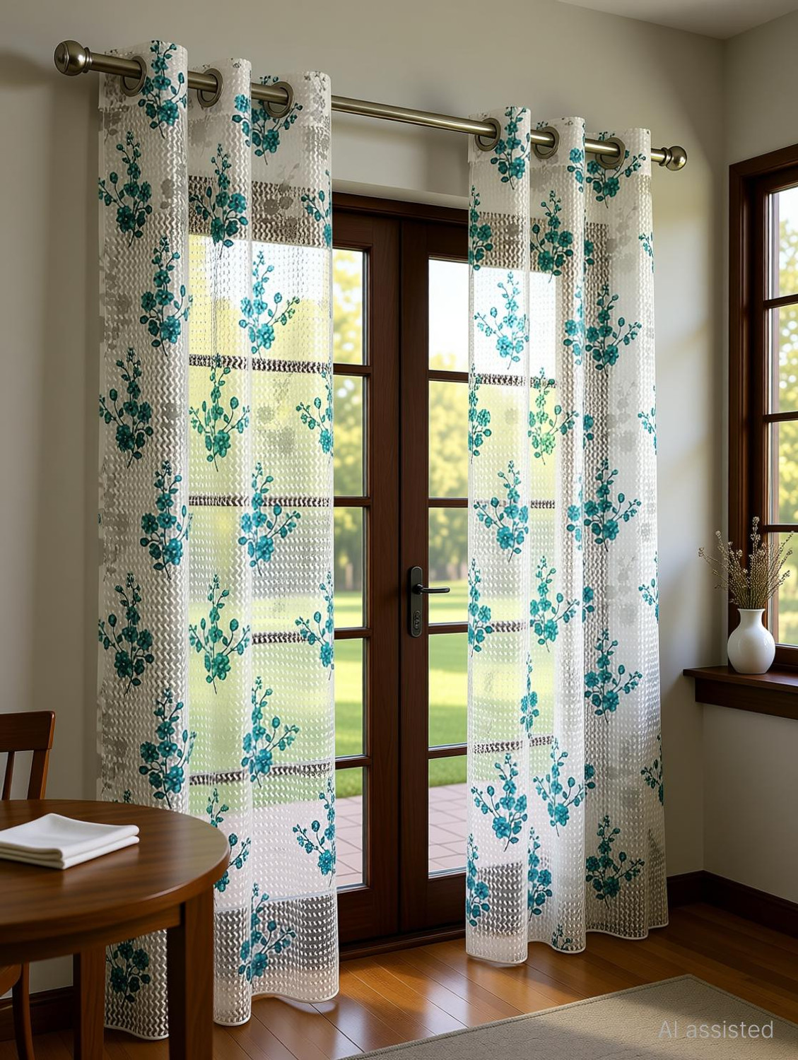 Image of Rashee Creations 153 cm (5 ft) Window Net Transparent Curtain (Pack Of 2) (Aqua, Floral)