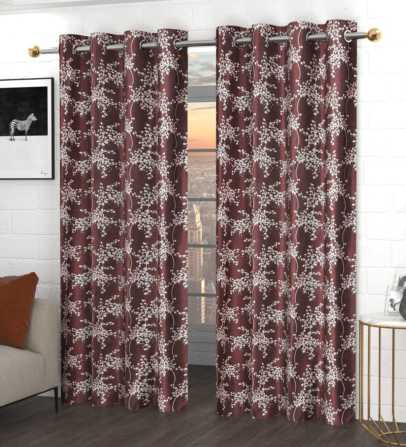 Image of Kraftiq Homes 214 cm (7 ft) Door Polyester Semi Transparent Curtain (Pack Of 2) (Brown, Printed)