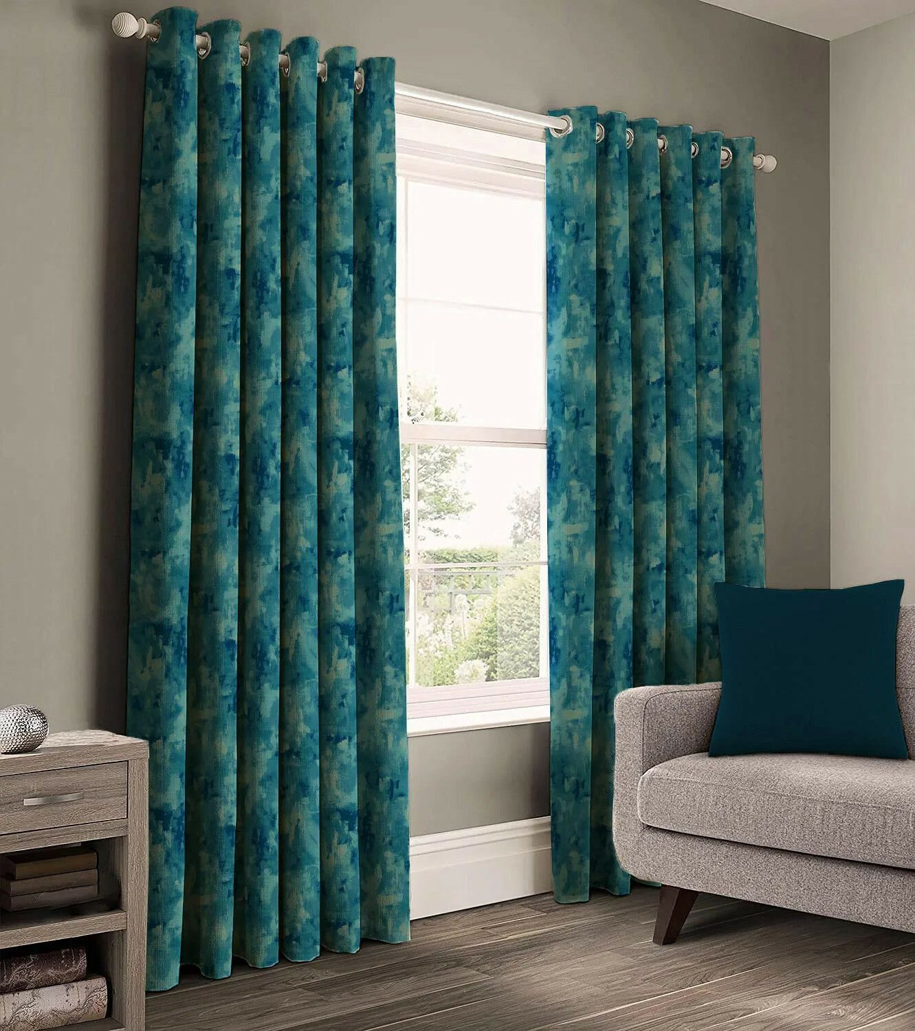 Image of VELOURA 152.4 cm (5 ft) Window Jacquard Room Darkening Curtain (Pack Of 2) (English Aqua, Self Design)