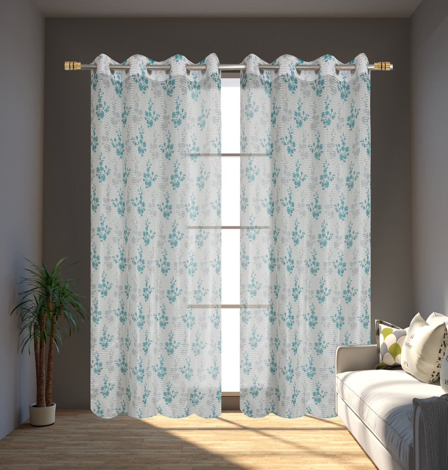 Image of Rashee Creations 153 cm (5 ft) Window Net Transparent Curtain (Pack Of 2) (Aqua, Floral)