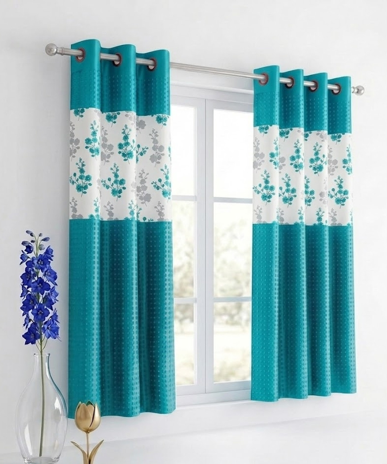 Image of TAJ TEXTILE 153 cm (5 ft) Window Cotton Room Darkening Curtain Single Curtain (Aqua green, Abstract)