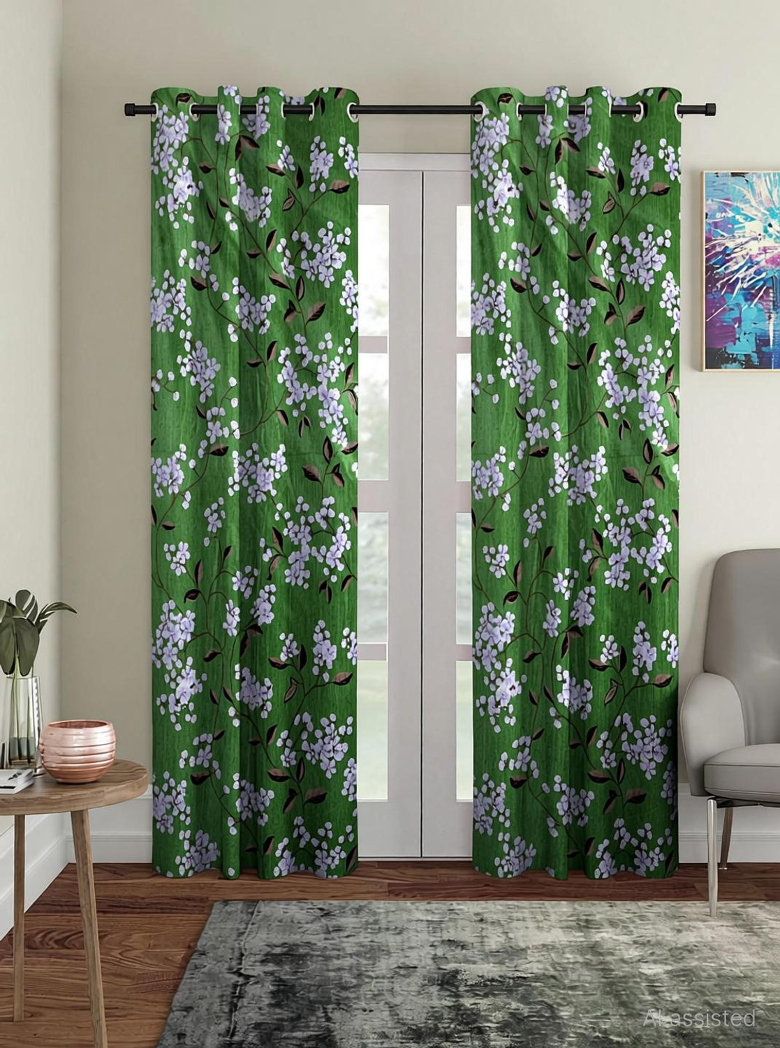 Image of Cortina 270 cm (9 ft) Long Door Polyester Semi Transparent Curtain (Pack Of 2) (Grey, Floral)