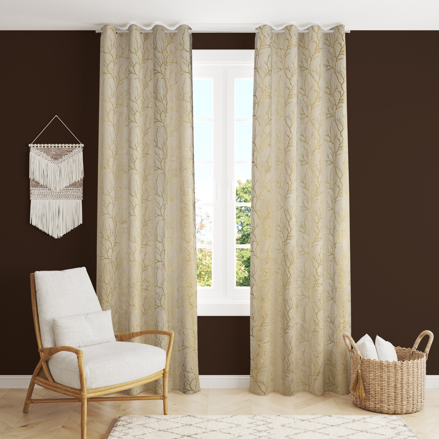 Image of Galaxy Drape 153 cm (5 ft) Window Velvet Room Darkening Curtain (Pack Of 2) (Cream, Printed)