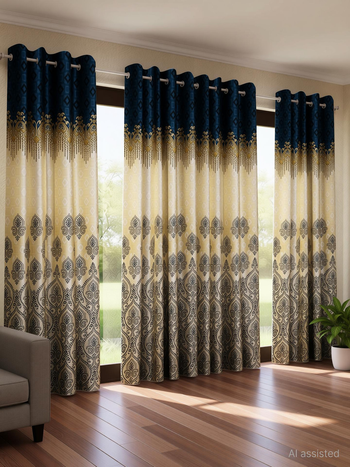 Image of Home Sizzler 153 cm (5 ft) Window Polyester Semi Transparent Curtain (Pack Of 4) (Blue, Printed)