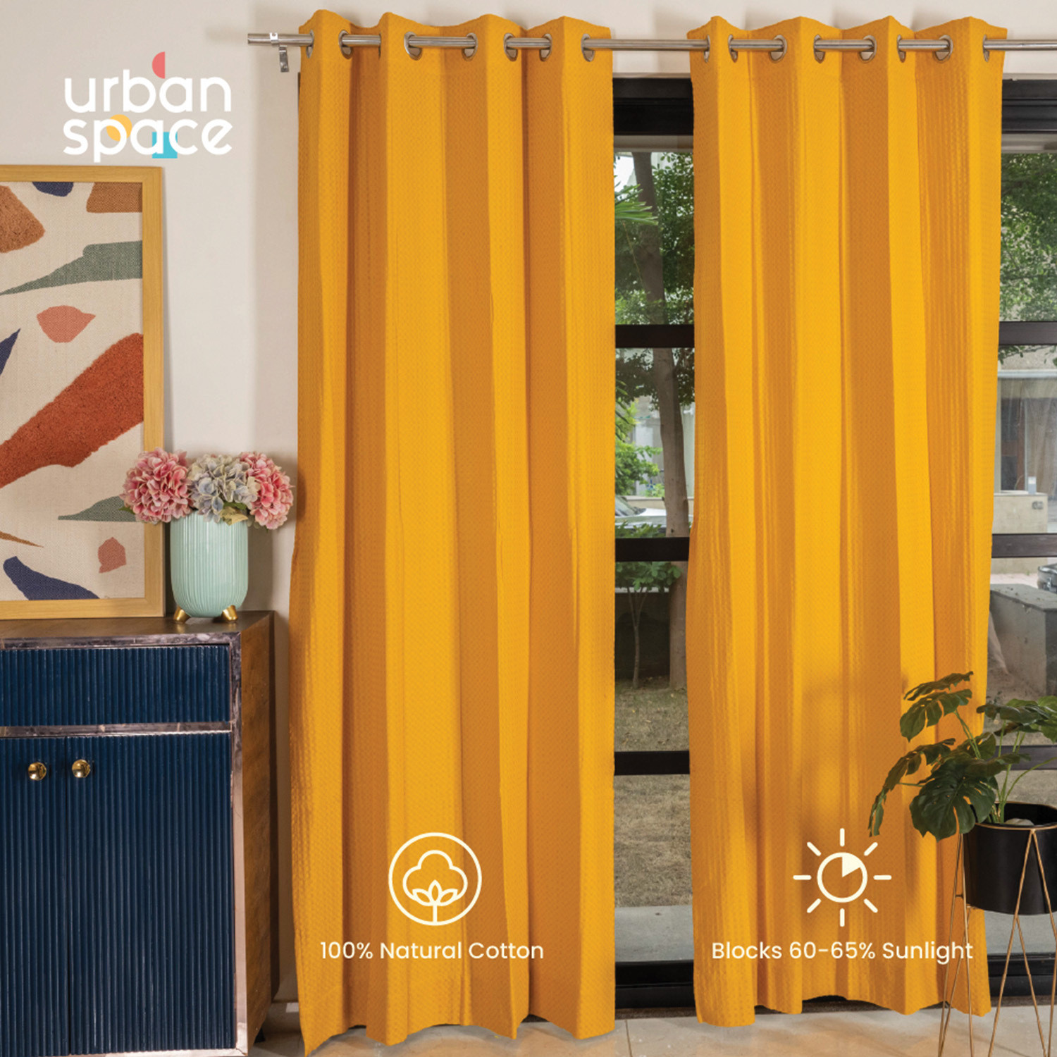 Image of Urban Space 213 cm (7 ft) Door Cotton Room Darkening Curtain (Pack Of 2) (Mustard, Solid)