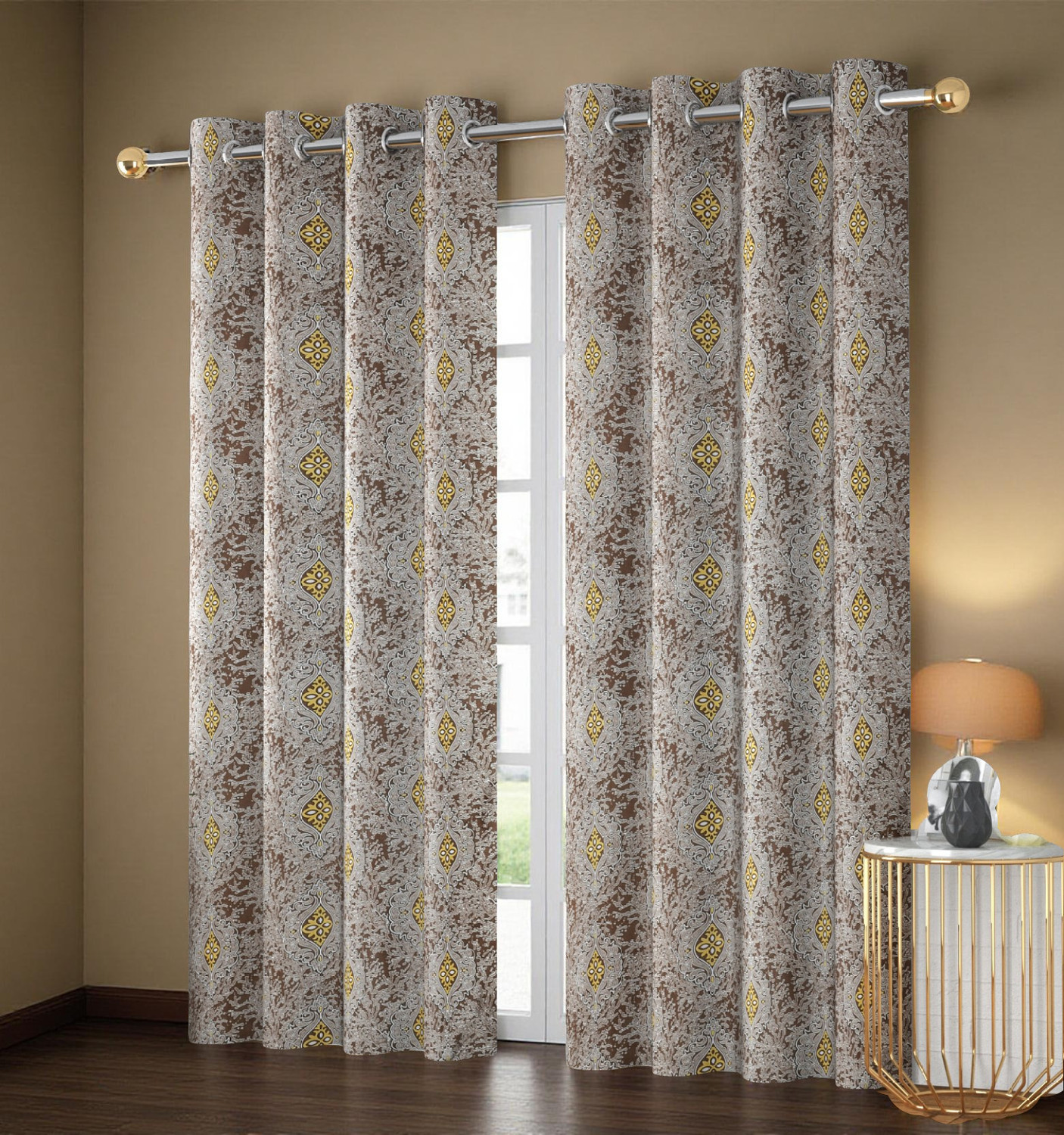 Image of Home Stylish 252 cm (8 ft) Window Polyester Room Darkening Curtain (Pack Of 2) (Coffee, Floral)