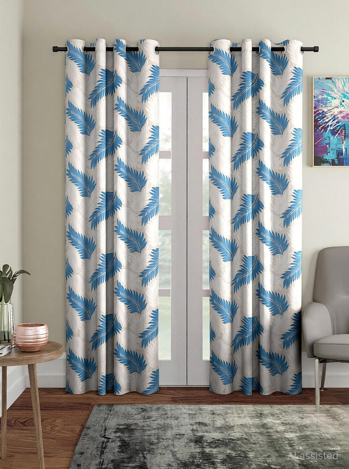 Image of Kraftiq Homes 214 cm (7 ft) Door Polyester Semi Transparent Curtain Single Curtain (Green, Floral)