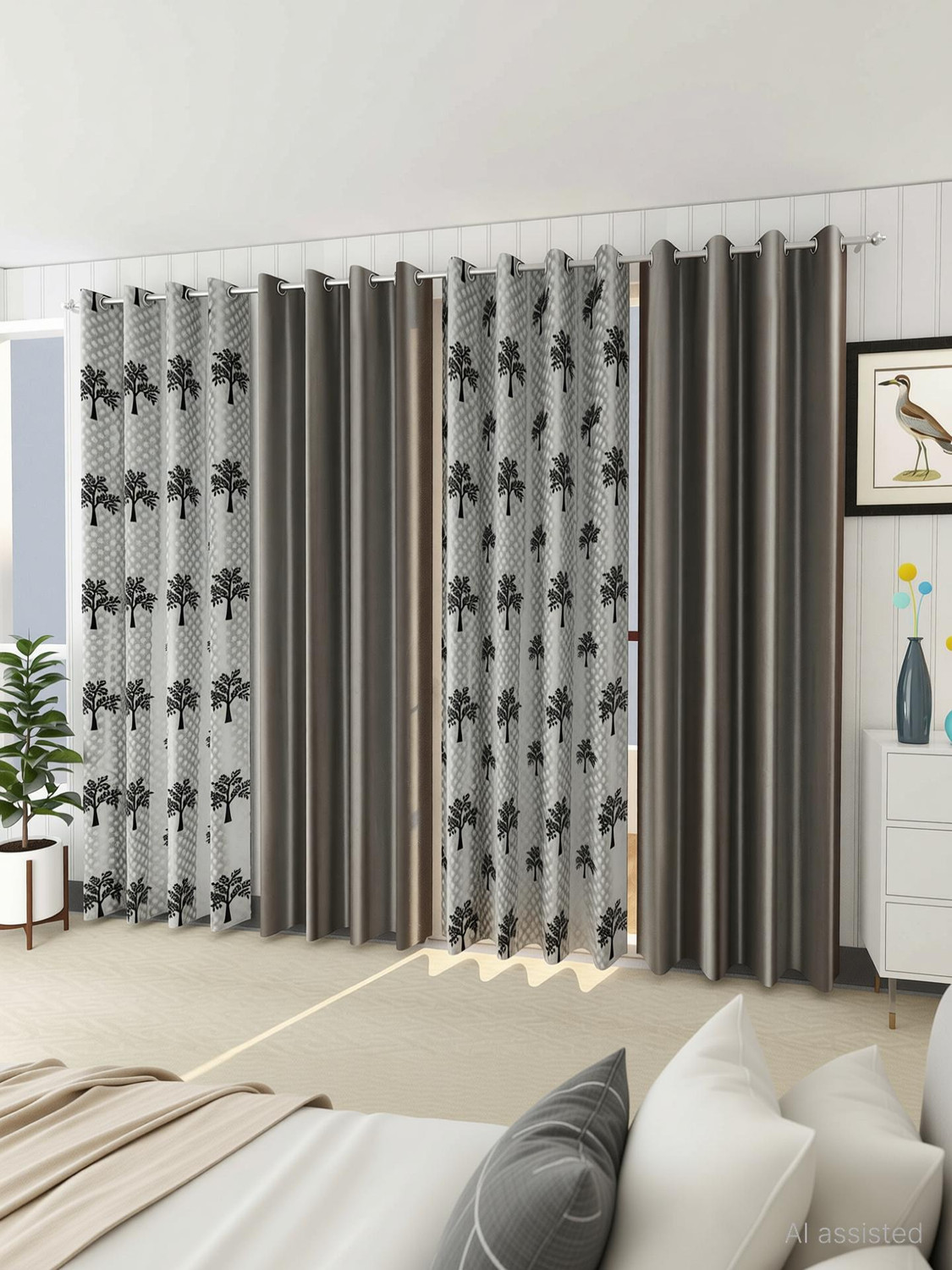 Image of Flipkart SmartBuy 274 cm (9 ft) Long Door Polyester Curtain (Pack Of 4) (Beige, Floral)