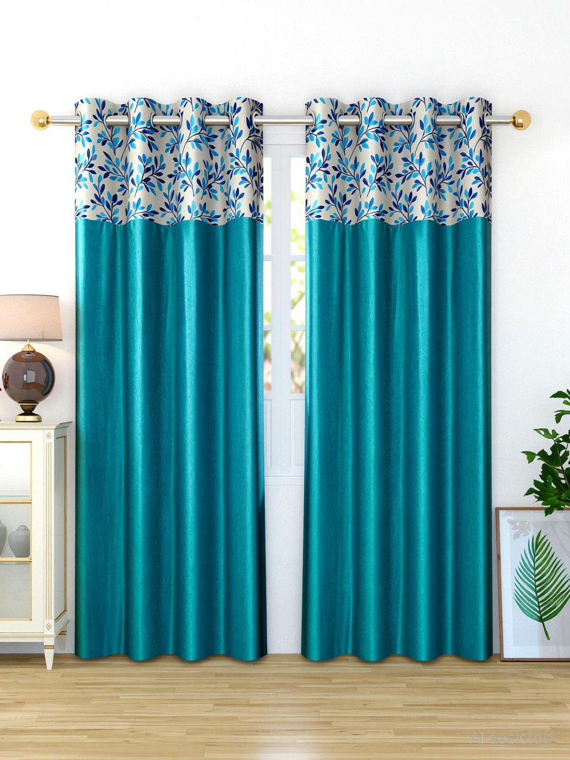 Image of TAJ TEXTILE 153 cm (5 ft) Window Cotton Room Darkening Curtain Single Curtain (Aqua green, Abstract)