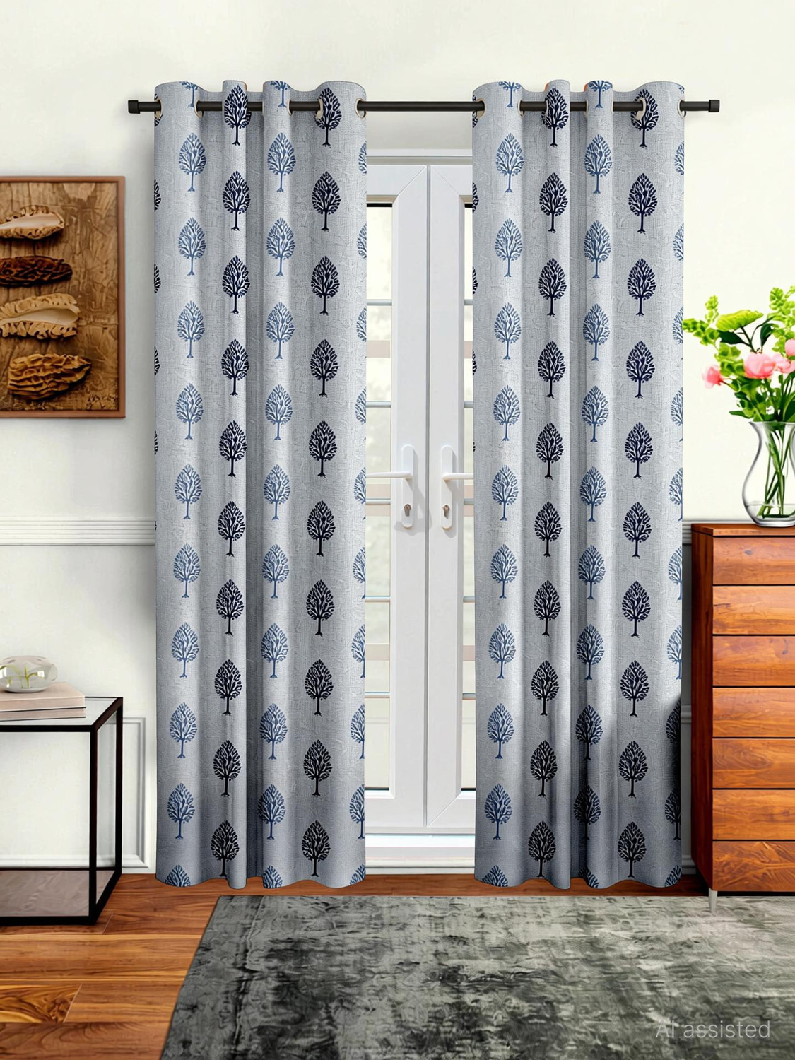 Image of Cortina 270 cm (9 ft) Long Door Polyester Semi Transparent Curtain (Pack Of 2) (Grey, Floral)