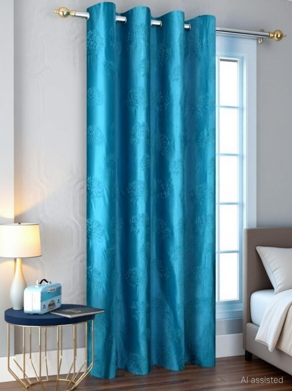Image of TAJ TEXTILE 153 cm (5 ft) Window Cotton Room Darkening Curtain Single Curtain (Aqua green, Abstract)