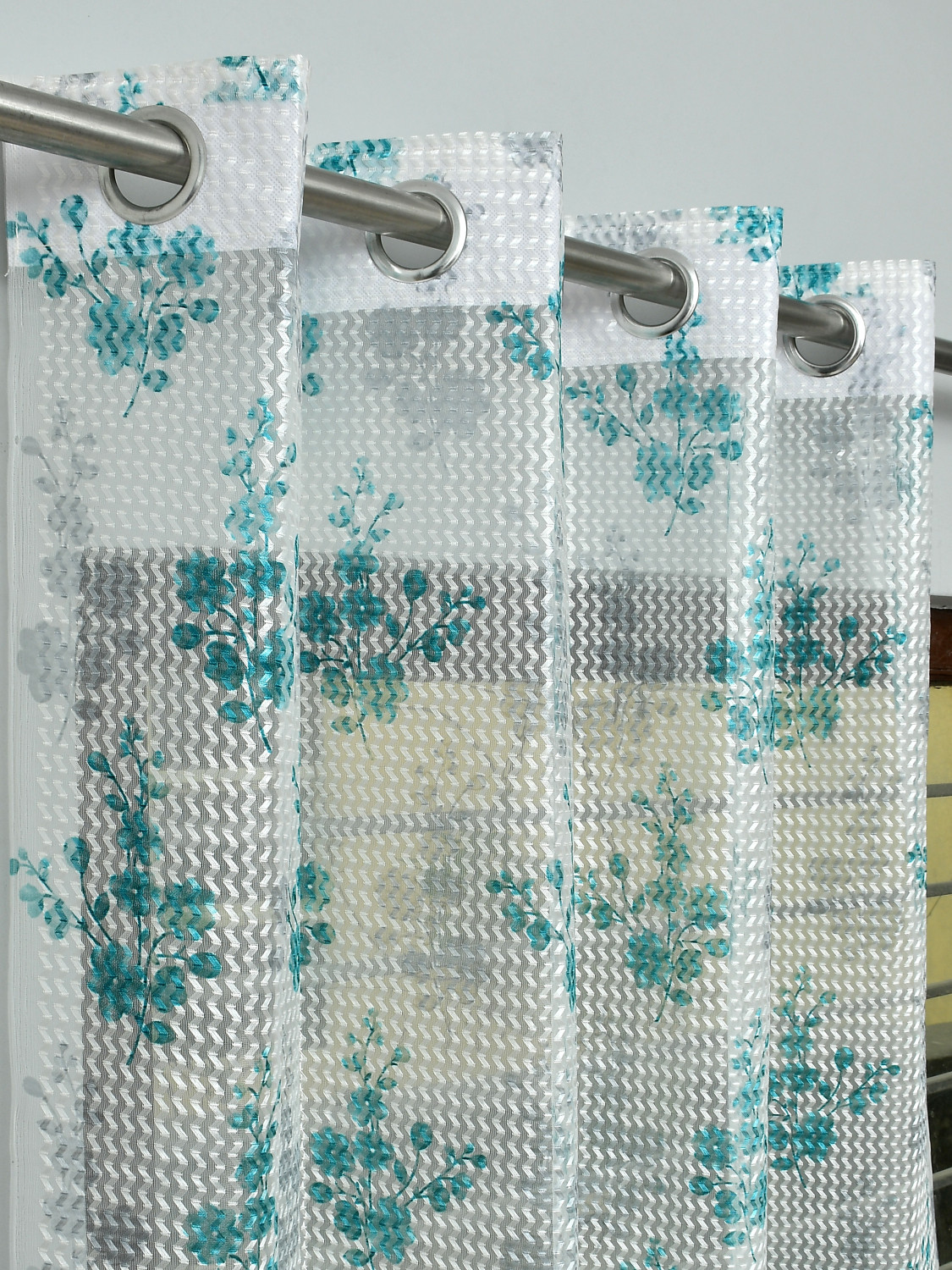 Image of Rashee Creations 153 cm (5 ft) Window Net Transparent Curtain (Pack Of 2) (Aqua, Floral)