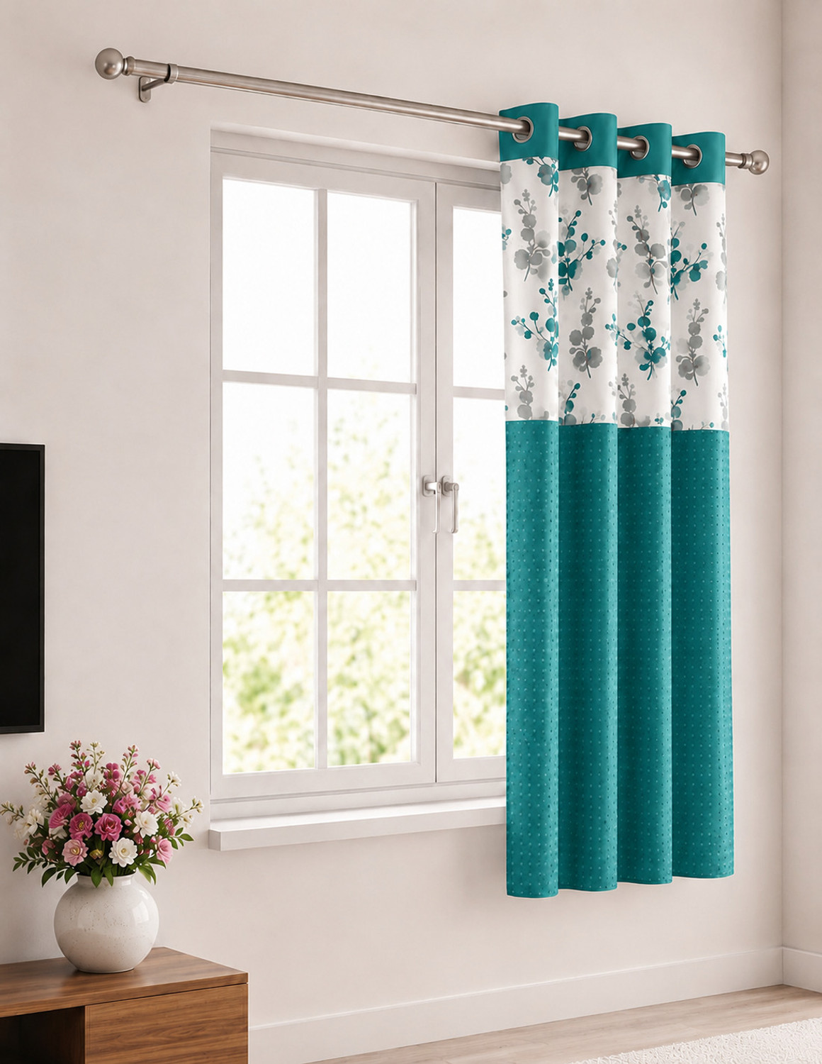 Image of TAJ TEXTILE 153 cm (5 ft) Window Cotton Room Darkening Curtain Single Curtain (Aqua green, Abstract)