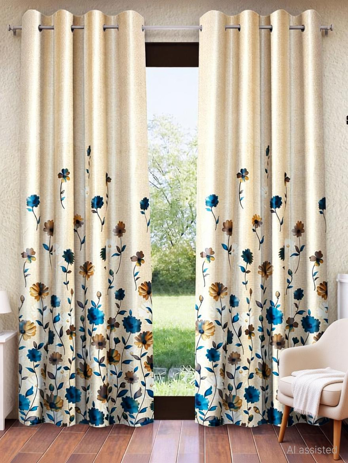 Image of Home Sizzler 153 cm (5 ft) Window Polyester Semi Transparent Curtain (Pack Of 4) (Blue, Printed)