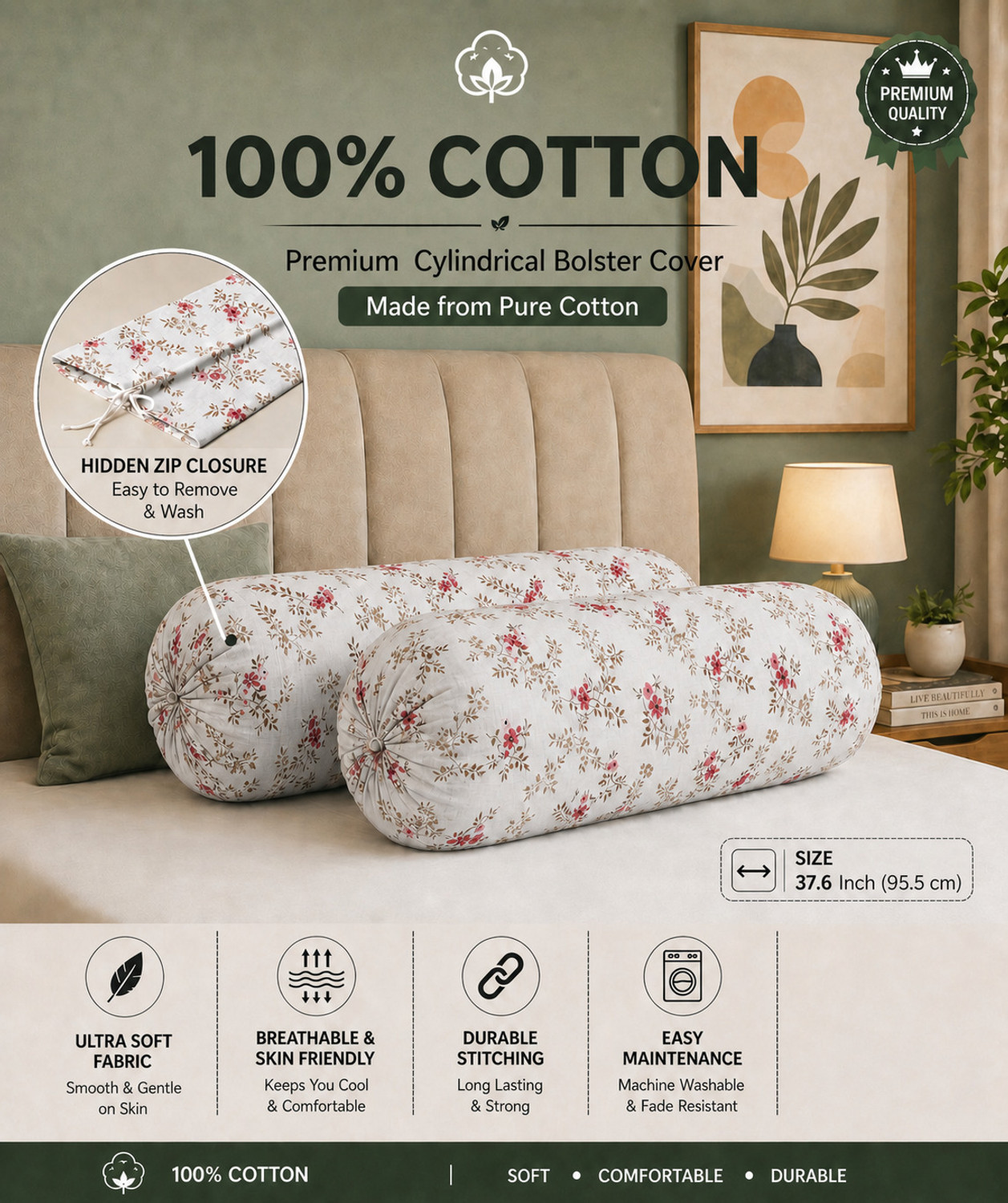 Image of EM DreamLoom Cotton Bolsters Cover (40.64 cm*95.5 cm, Pack of 2, Red)