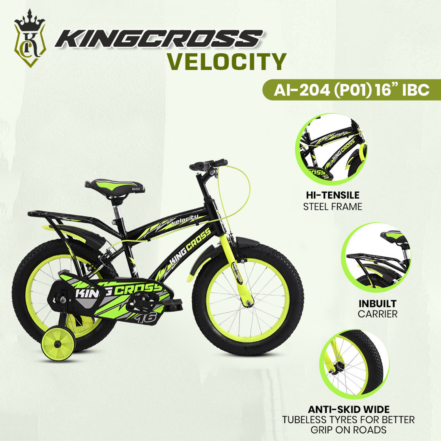 Image of KINGCROSS VELOCITY 16T WITH INBUILT CARRIER - SIDE SUPPORT- TUBELESS TYRE 16 T (inch) BMX Cycle (Single Speed, Black, Rigid)