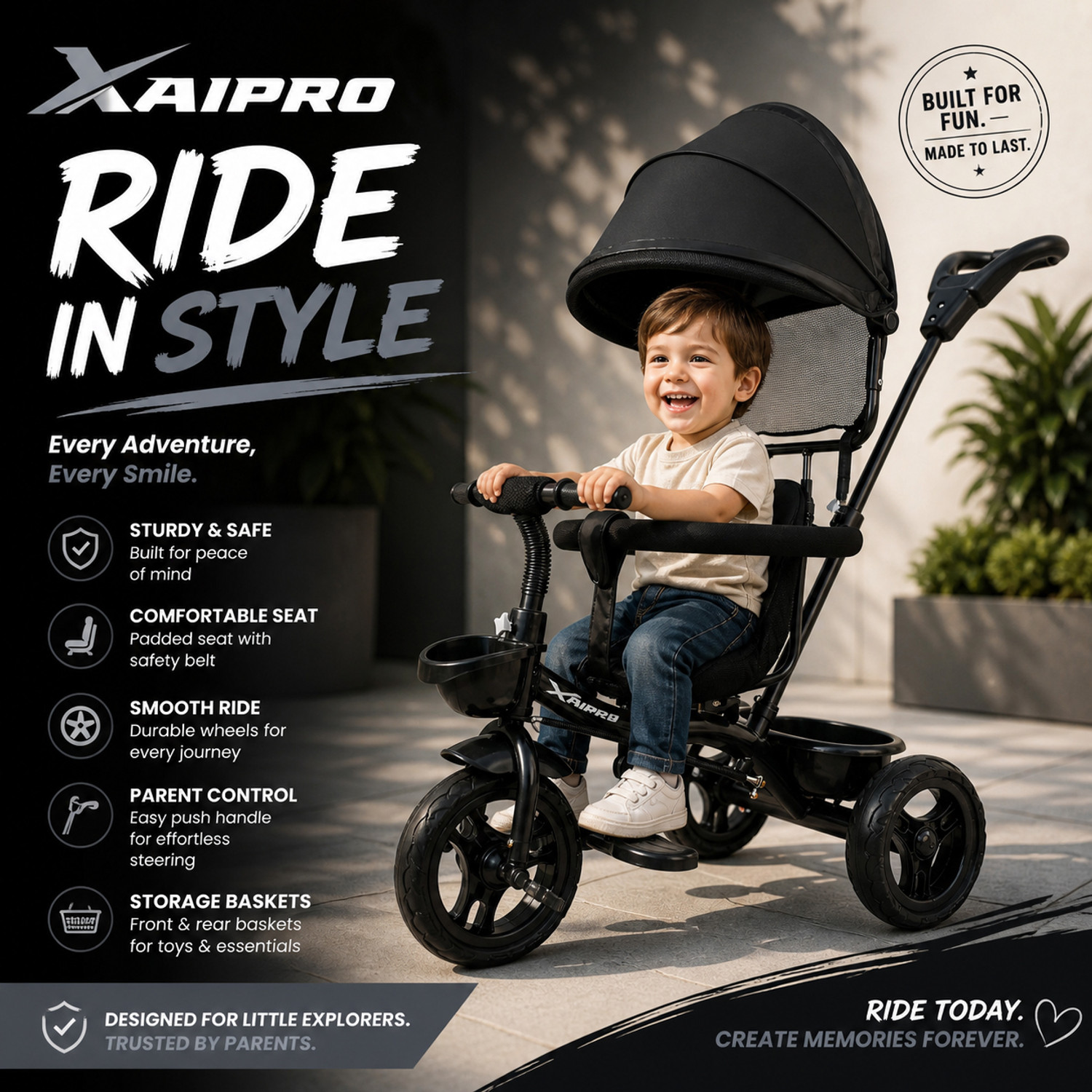 Image of Dugri kids Tricycle for Kids Ride on for 12 Months to 60 Months Boys /Girls / Cycle bullet styslish baby boys baby girls Tricycle (Black, White)