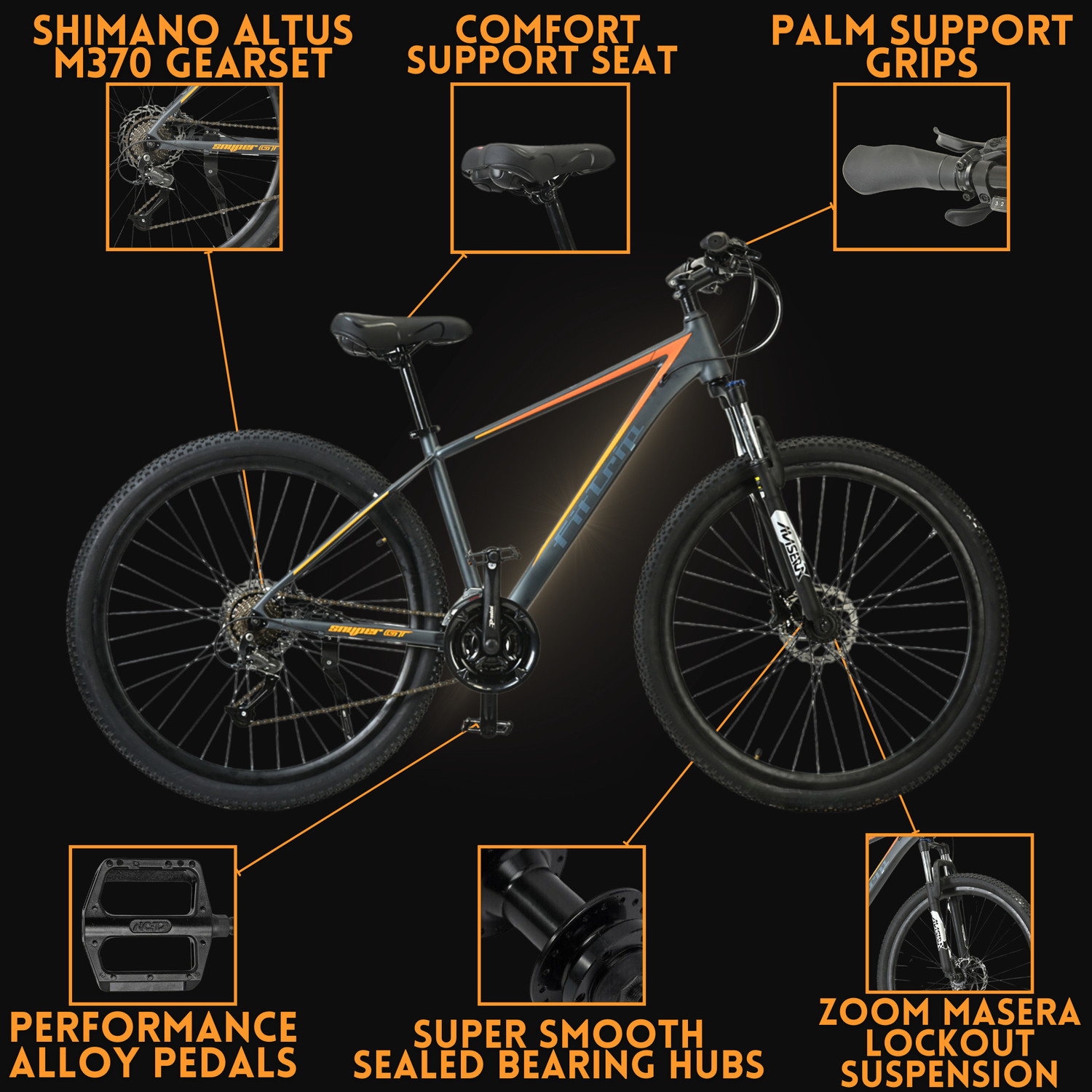 Image of FitTrip Snyper GT | Hydraulic Disk Brakes | 6061 Al Alloy Frame | Shimano Gears 27.5 T (inch) Mountain Cycle (21 Gear, Orange, Only Front Suspension)