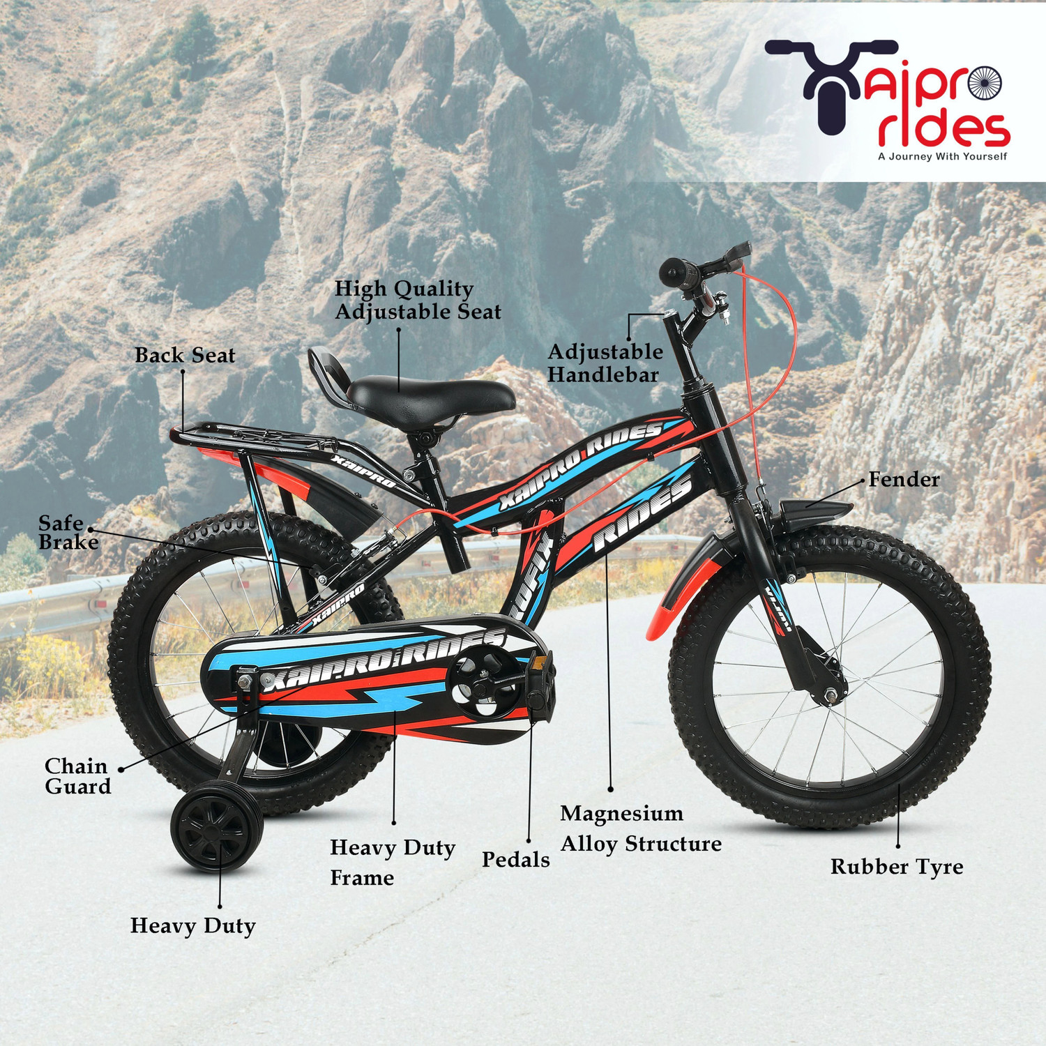 Image of KINGCROSS VELOCITY 16T WITH INBUILT CARRIER - SIDE SUPPORT- TUBELESS TYRE 16 T (inch) BMX Cycle (Single Speed, Black, Rigid)