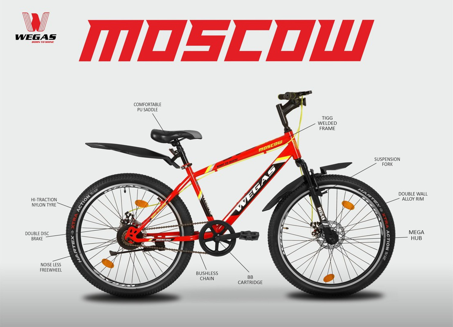 Image of Wegas Moscow 26*2*40 26 T (inch) Mountain Cycle (Single Speed, Red, Black, Only Front Suspension)