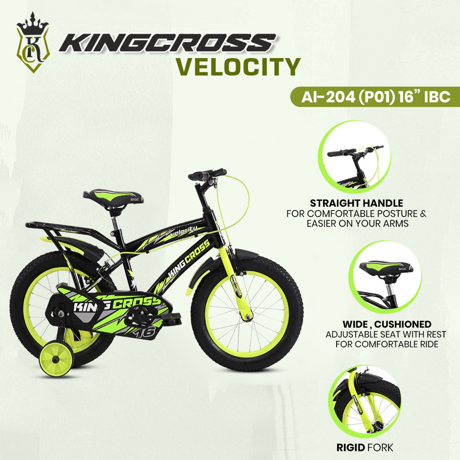 Image of KINGCROSS VELOCITY 16T WITH INBUILT CARRIER - SIDE SUPPORT- TUBELESS TYRE 16 T (inch) BMX Cycle (Single Speed, Black, Rigid)