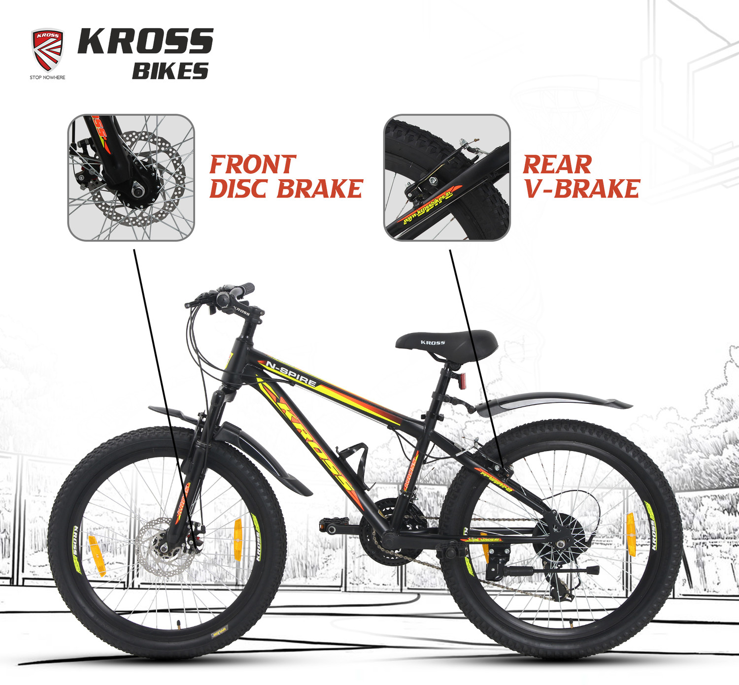 Image of Kross N-Spire 21-Speed Mountain Cycle for Age 9-14 Years with Disc Brake & Suspension 24 T (inch) Mountain Cycle (21 Gear, Black, Only Front Suspension)