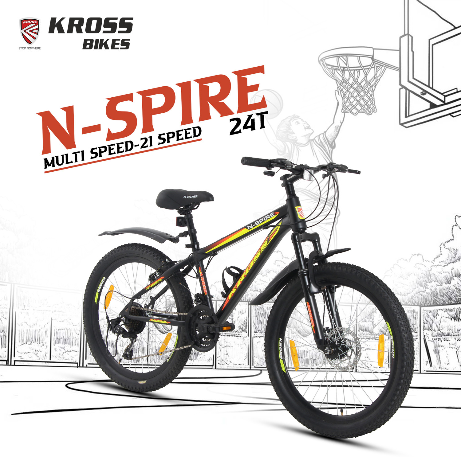 Image of Kross N-Spire 21-Speed Mountain Cycle for Age 9-14 Years with Disc Brake & Suspension 24 T (inch) Mountain Cycle (21 Gear, Black, Only Front Suspension)