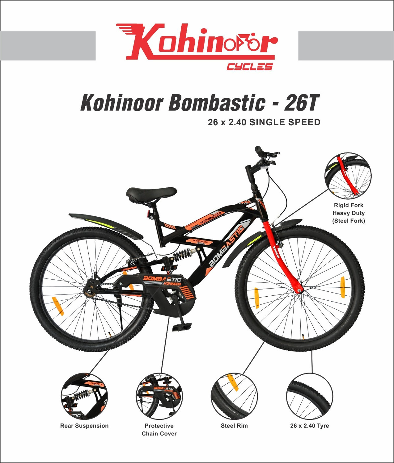Image of Kohinoor BOMBASTIC REAR SUSPENSION MTB 26T MTB SINGLESPEED BLACK 26 T (inch) Mountain Cycle (Single Speed, Black, Front Rigid & Rear Suspension)