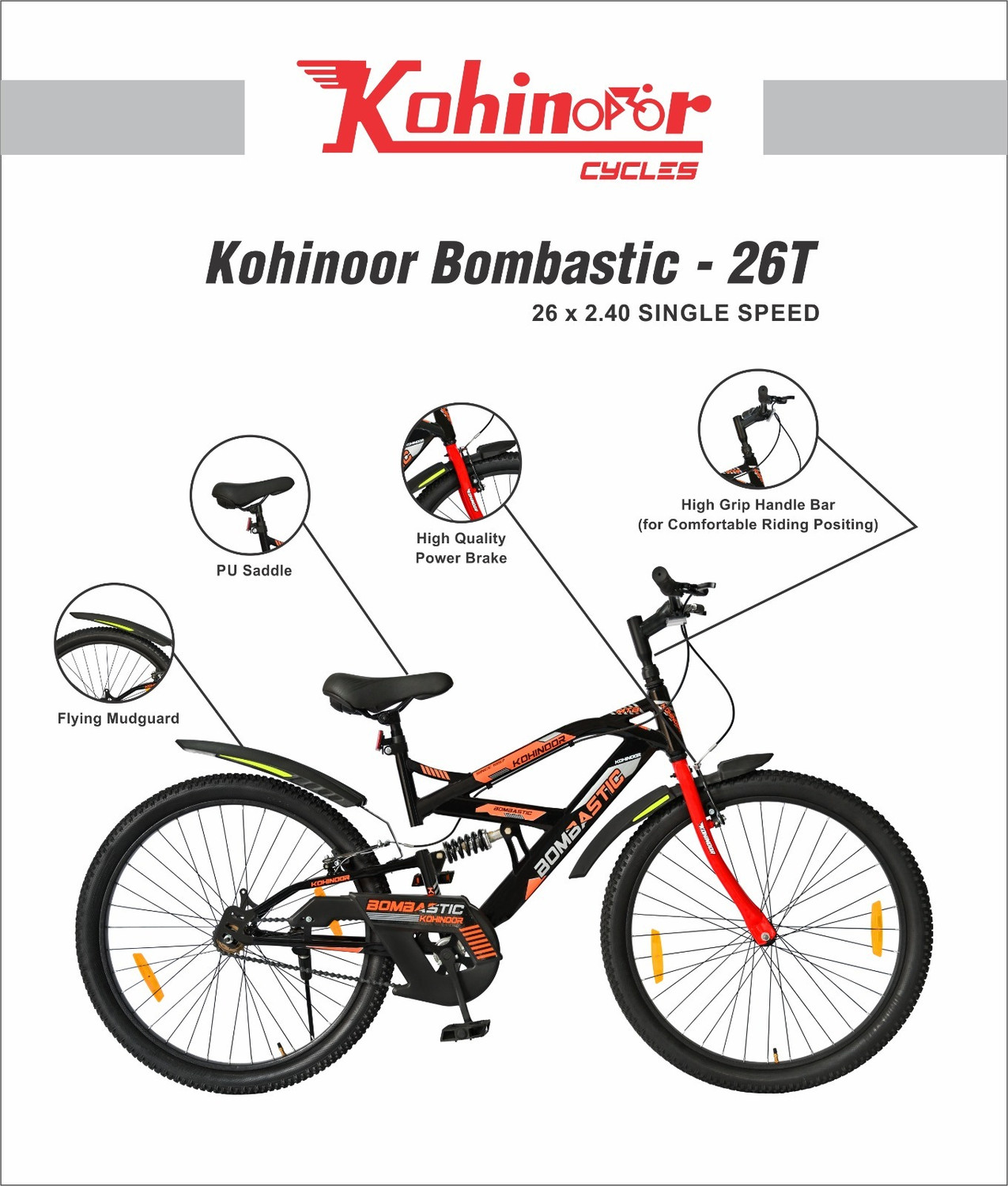 Image of Kohinoor BOMBASTIC REAR SUSPENSION MTB 26T MTB SINGLESPEED BLACK 26 T (inch) Mountain Cycle (Single Speed, Black, Front Rigid & Rear Suspension)