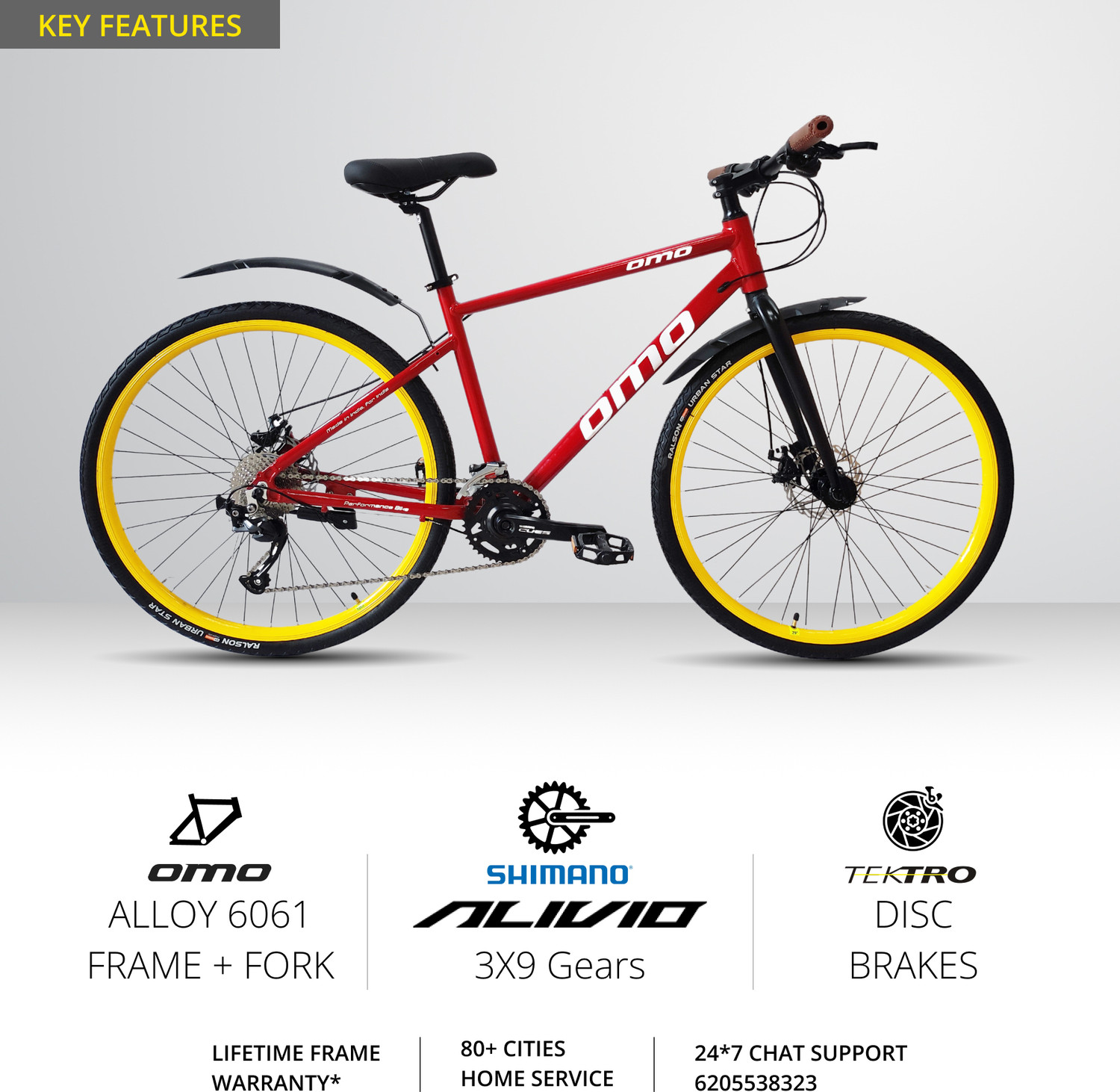 Image of OMO HAMPI PRO | SHIMANO Gear 3X9 ALIVIO | ALLOY Rigid Fork | Cassette | 700C T (inch) Hybrid Cycle /City Bike (27 Gear, Red, Rigid)