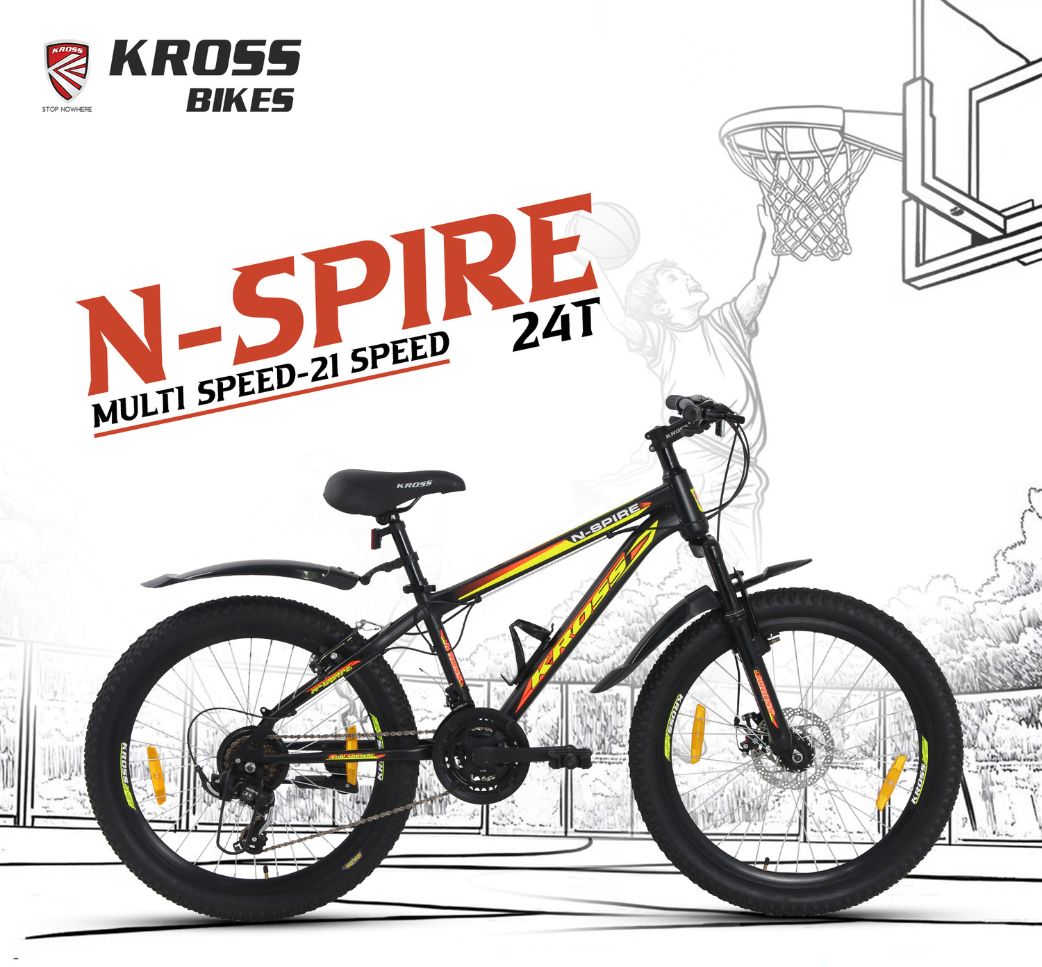 Image of Kross N-Spire 21-Speed Mountain Cycle for Age 9-14 Years with Disc Brake & Suspension 24 T (inch) Mountain Cycle (21 Gear, Black, Only Front Suspension)