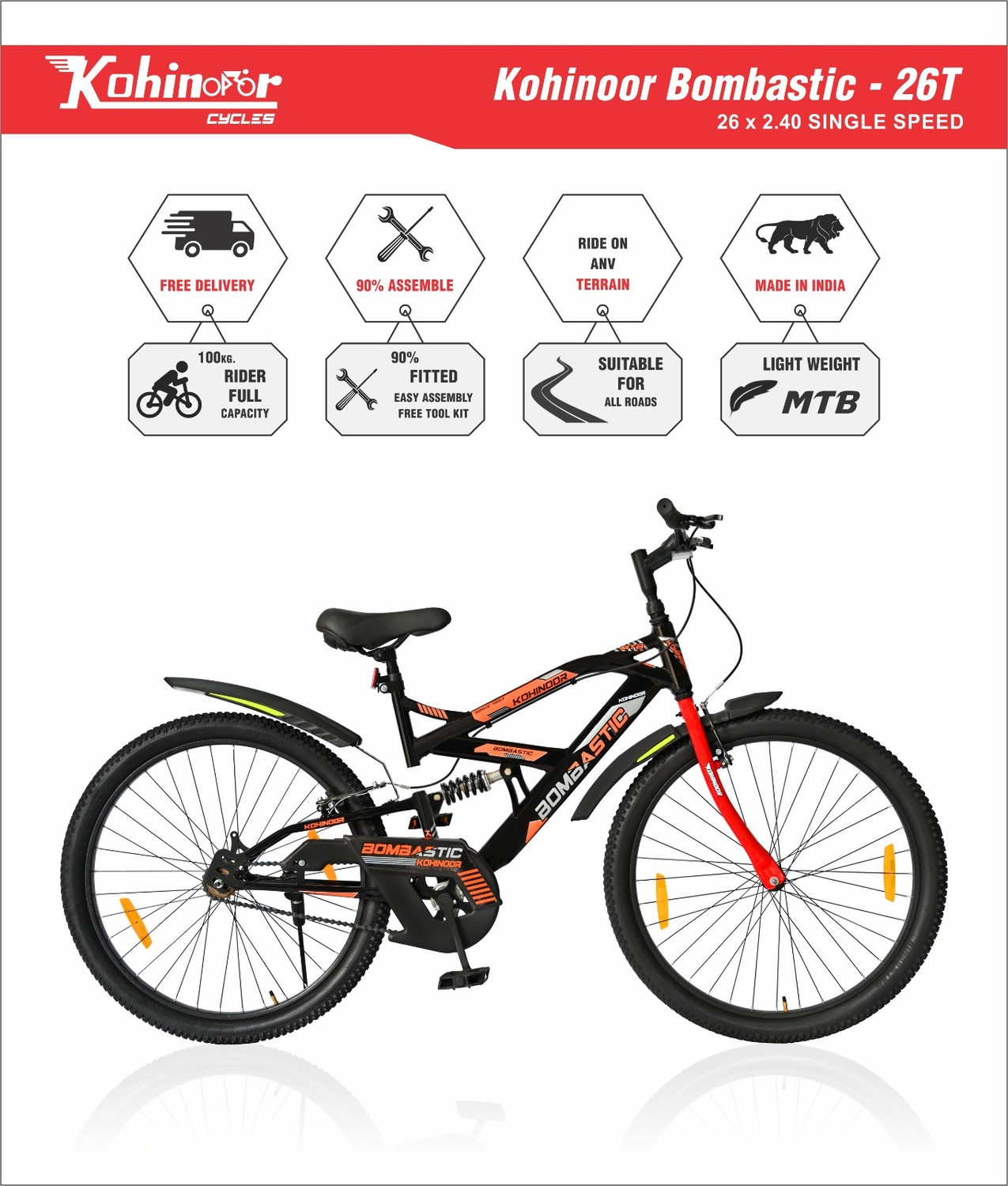 Image of Kohinoor BOMBASTIC REAR SUSPENSION MTB 26T MTB SINGLESPEED BLACK 26 T (inch) Mountain Cycle (Single Speed, Black, Front Rigid & Rear Suspension)
