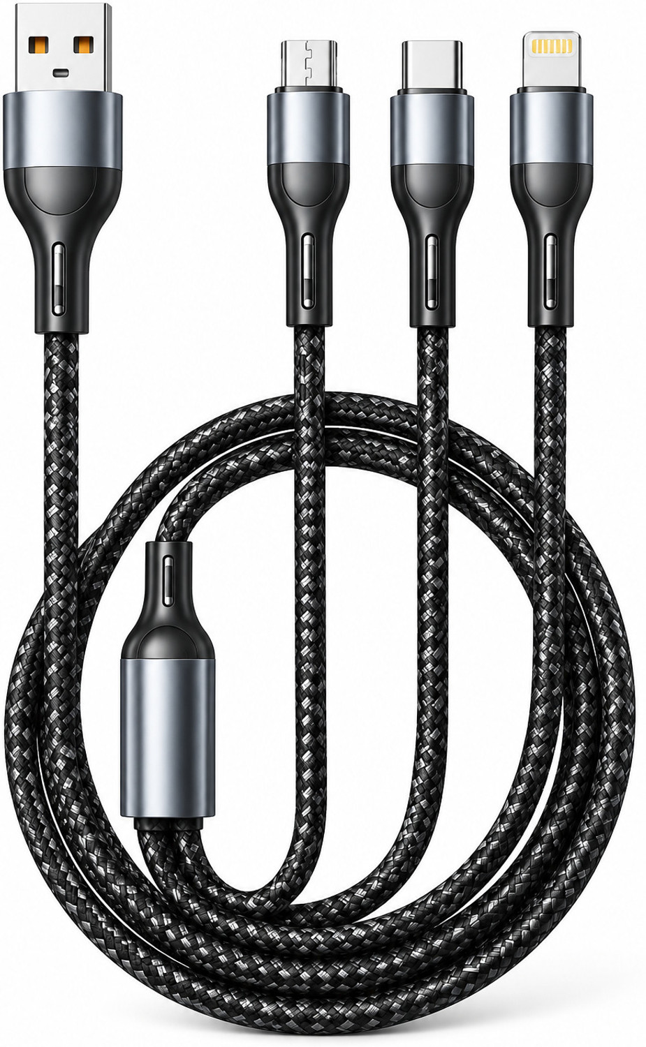 Hespa 3-in-1 Cable 6 A 1.2 m Nylon Braided Multi Fast 65W Charging Nylon Cable Type-C & Micro USB