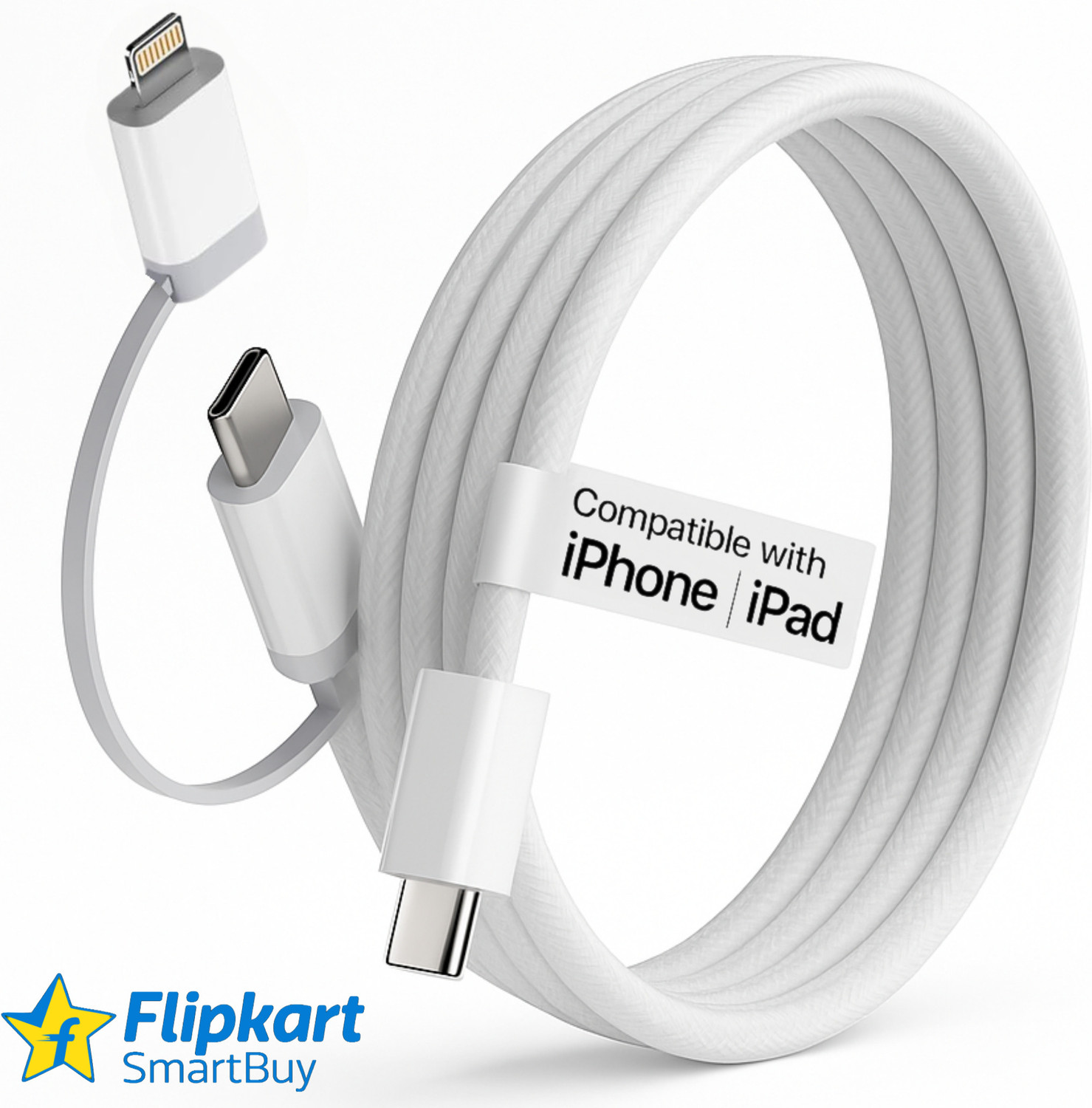 Image of Flipkart SmartBuy Lightning Cable 3 A 1.5 m Long Type C to Lightning Cable (Compatible with iPhone 6 /7 / /8 /X /XS Max /SE /11 /12 /13 /14 Plus, Pro Max, Type C to Lightning cable, White, One Cable, USB Type C To Lightning, 20 W)